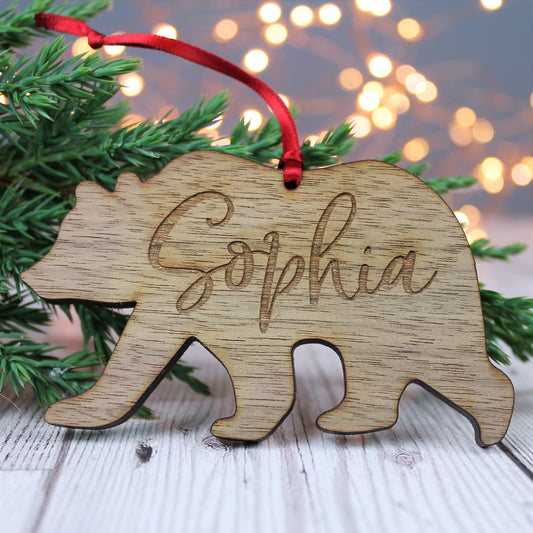 Personalised Name Bear Wooden Christmas Bauble