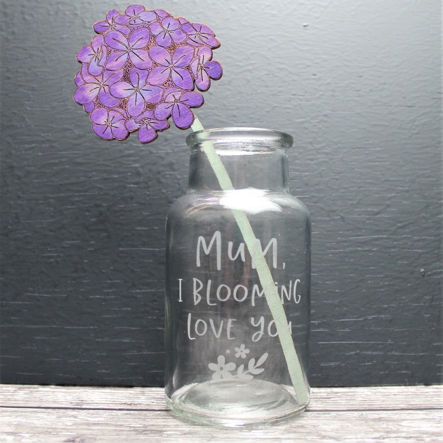 Engraved glass vase with wooden hand painted hydrangea