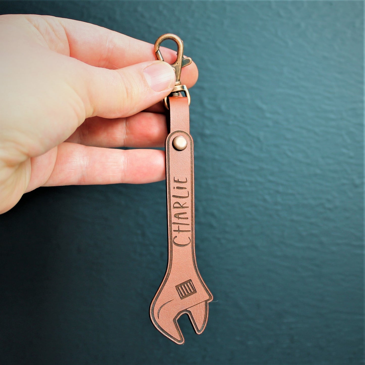 Real Leather wrench shaped personalised keyring with name 