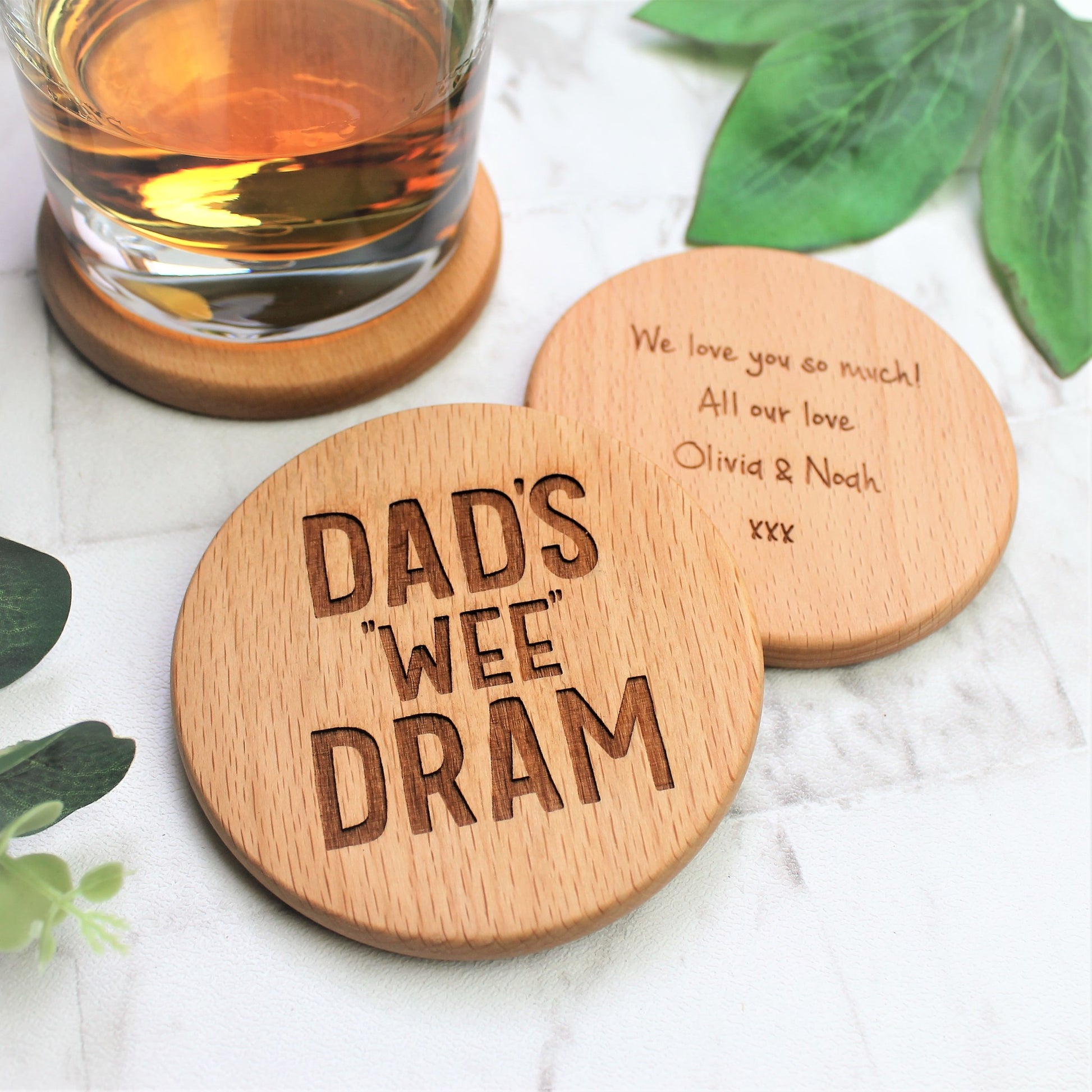 Personalised scottish dad gift, round wooden engraved coaster