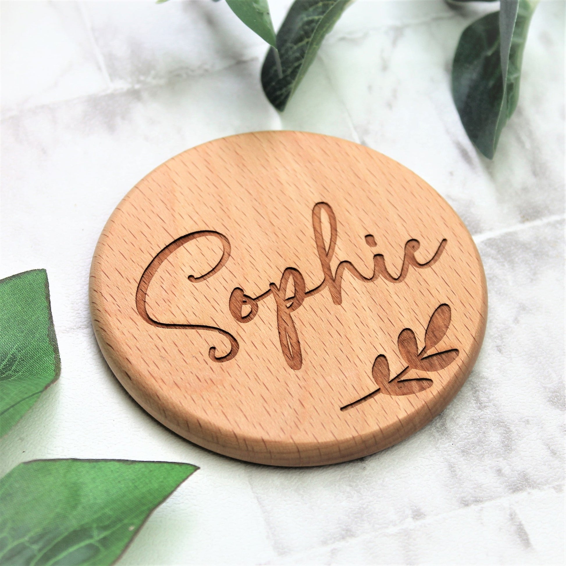 personalised name wooden coaster botanical leaf design