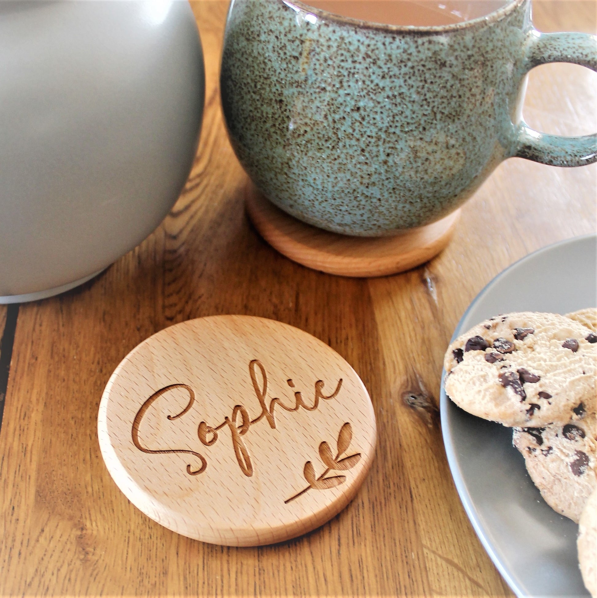 Tea lover wooden coaster with personalised name 
