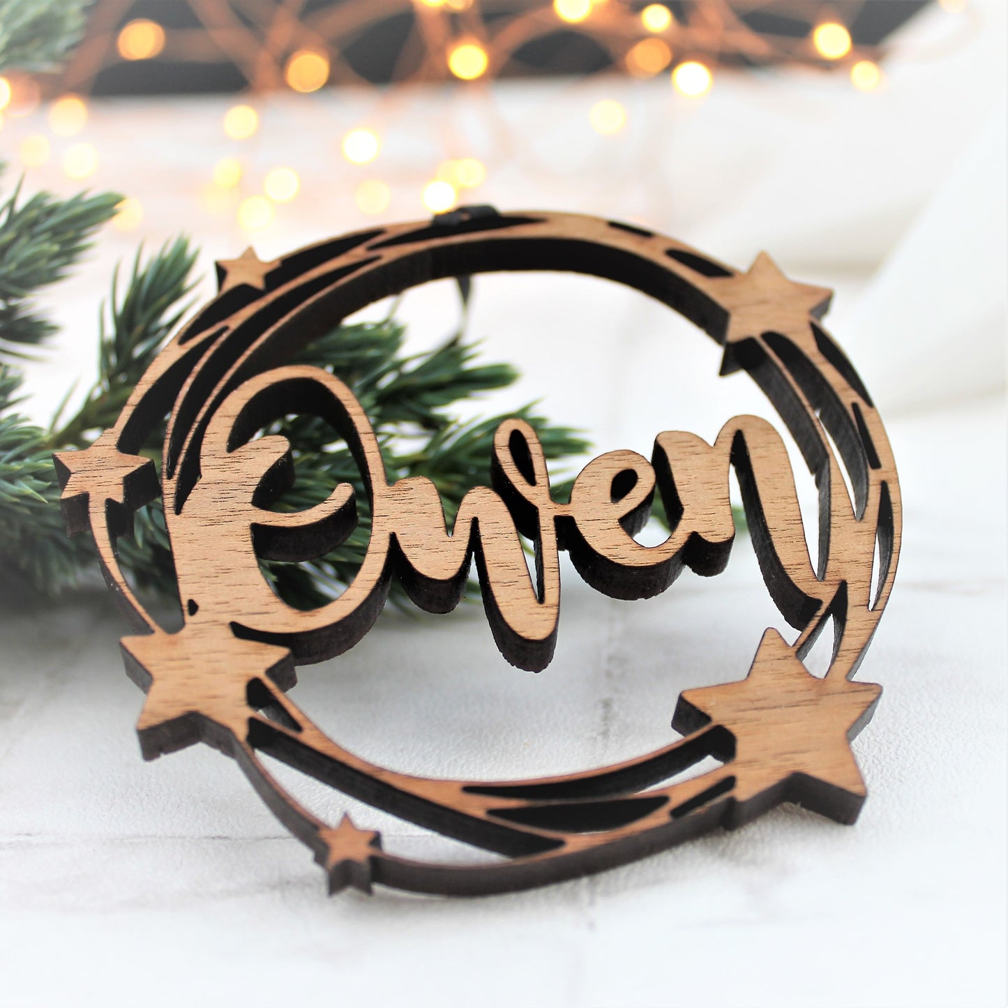 Christmas star bauble with personalised name made from wood with star design