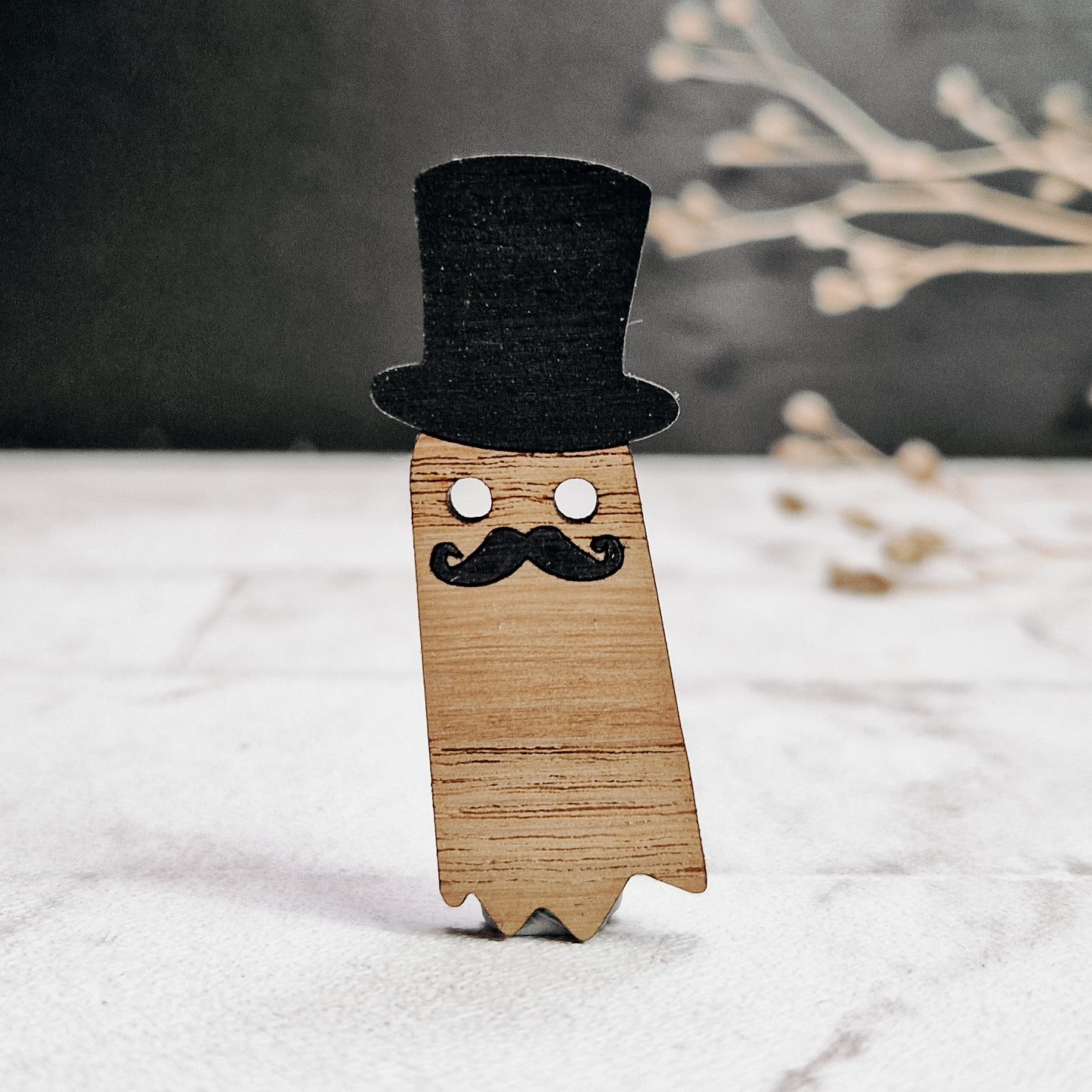 Moustache Ghost Wooden Pin Brooch