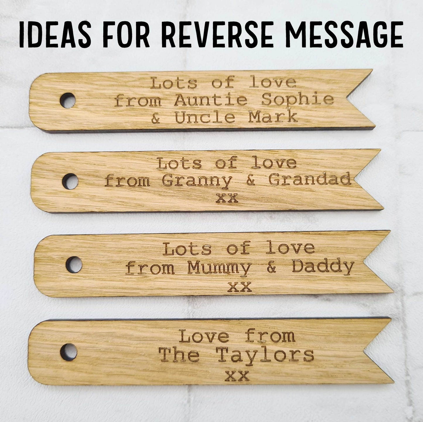reverse message ideas for wooden personalised gift tags 