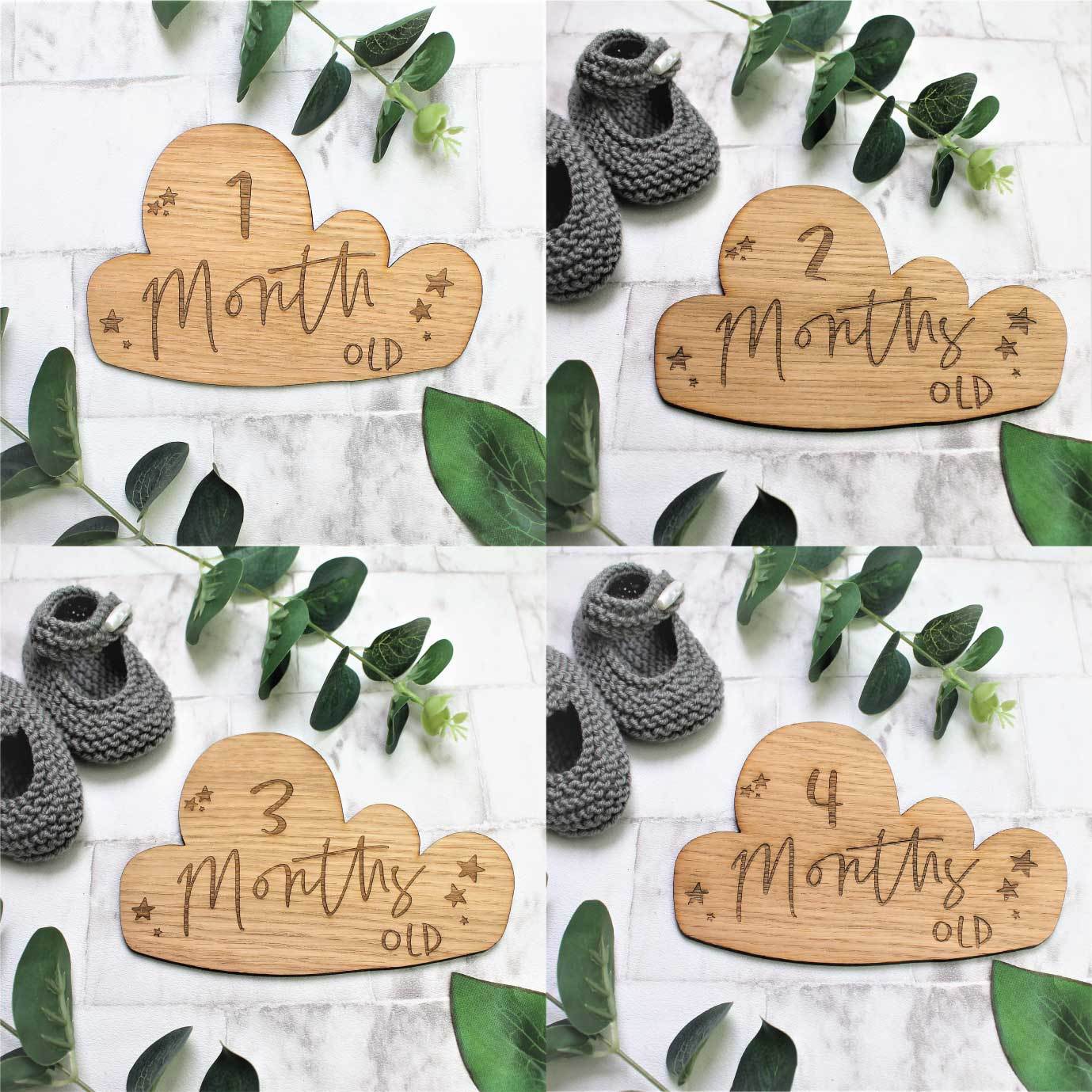 1, 2, 3, 4 months old cloud shaped engraved baby milestone cards 