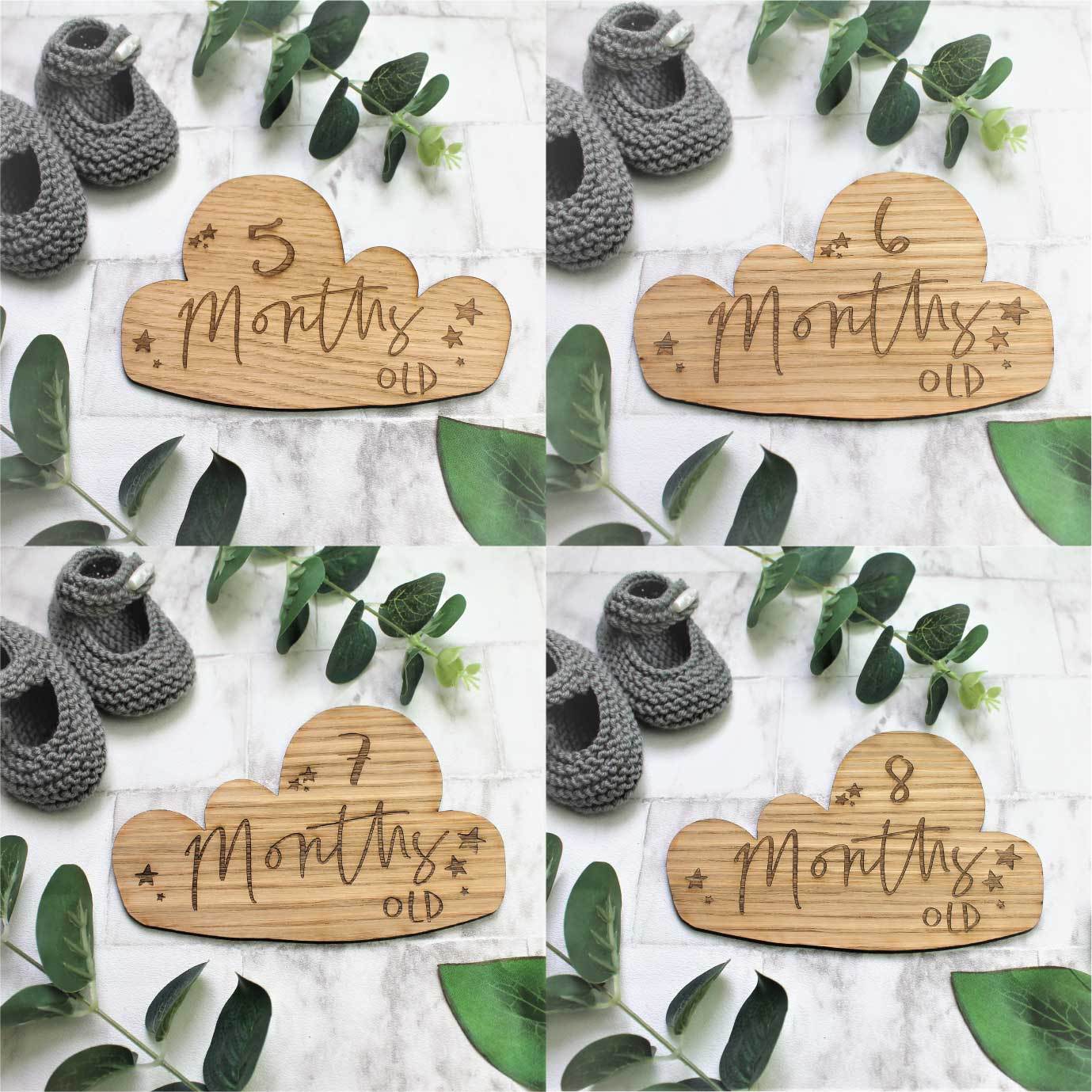 5, 6, 7, 8 months old cloud shaped engraved baby milestone cards 