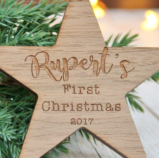 First Christmas name bauble for baby. Star shaped decoration for Christmas tree 