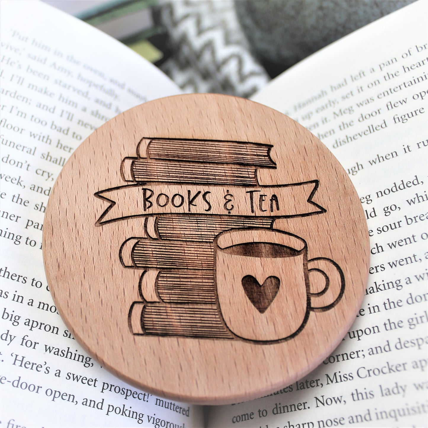 tea and book addict wooden coaster 