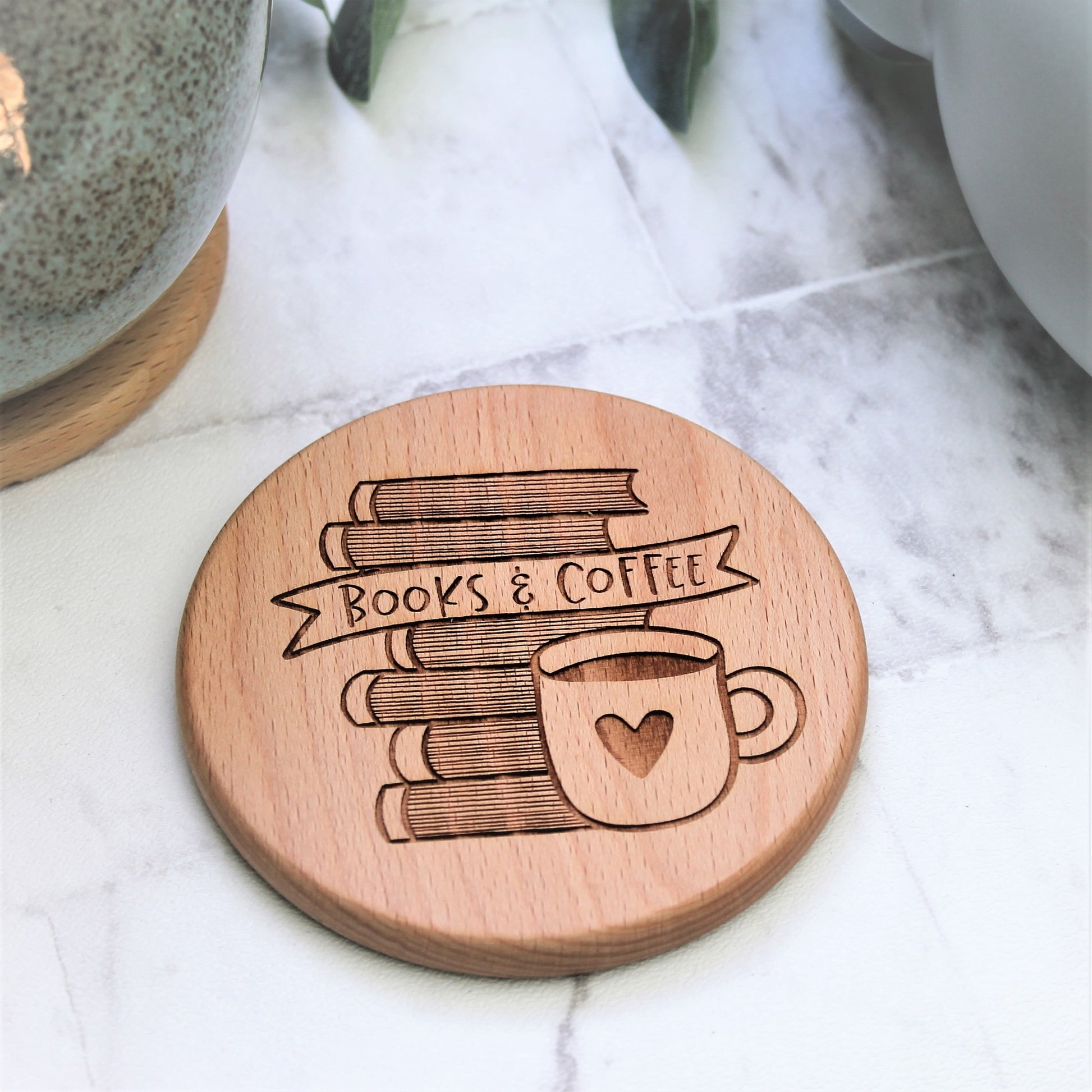 wooden coaster for coffee and book lover