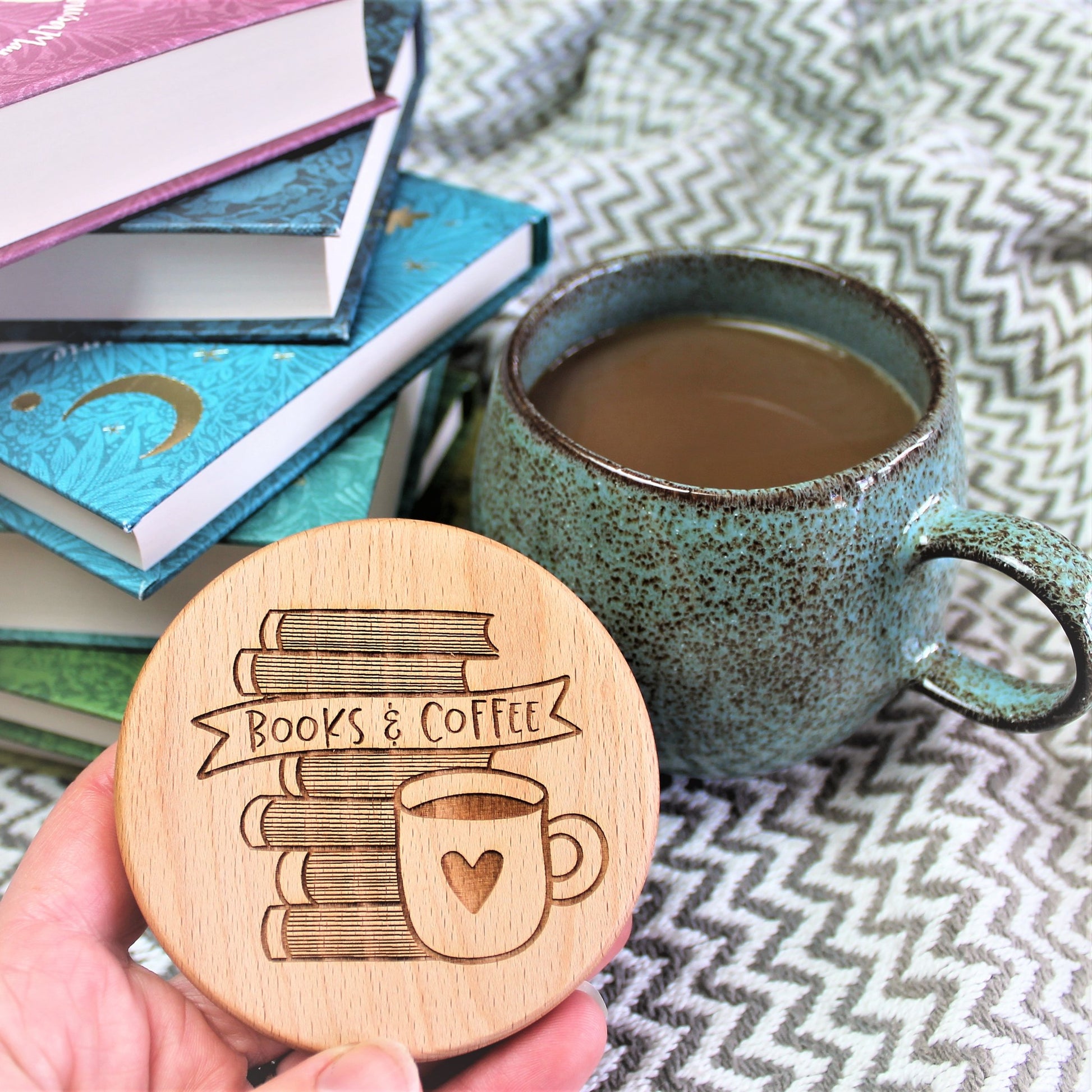 coffee and book lover coaster - round wooden engraved  