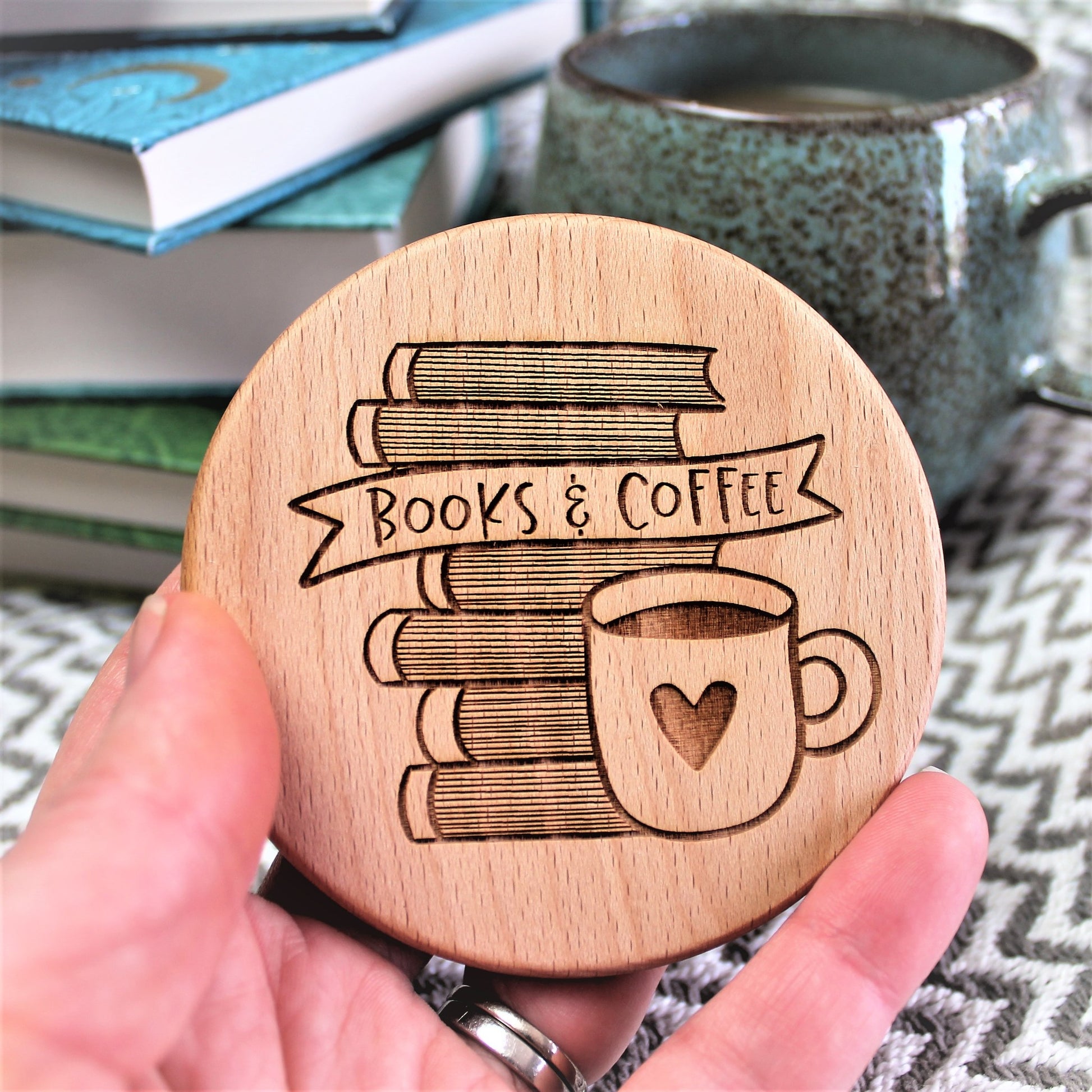 Books and coffee wooden engraved coaster 