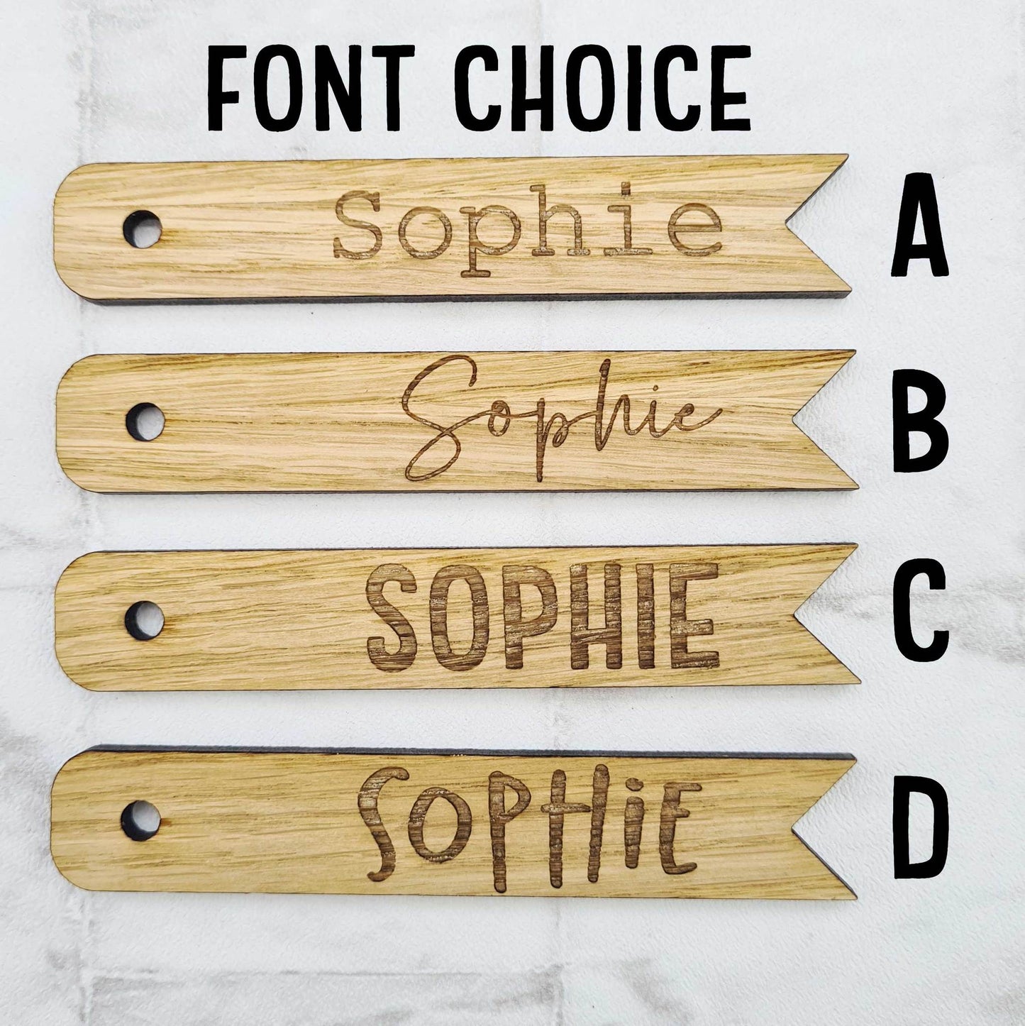 Font choice of the custom wooden gift tags 