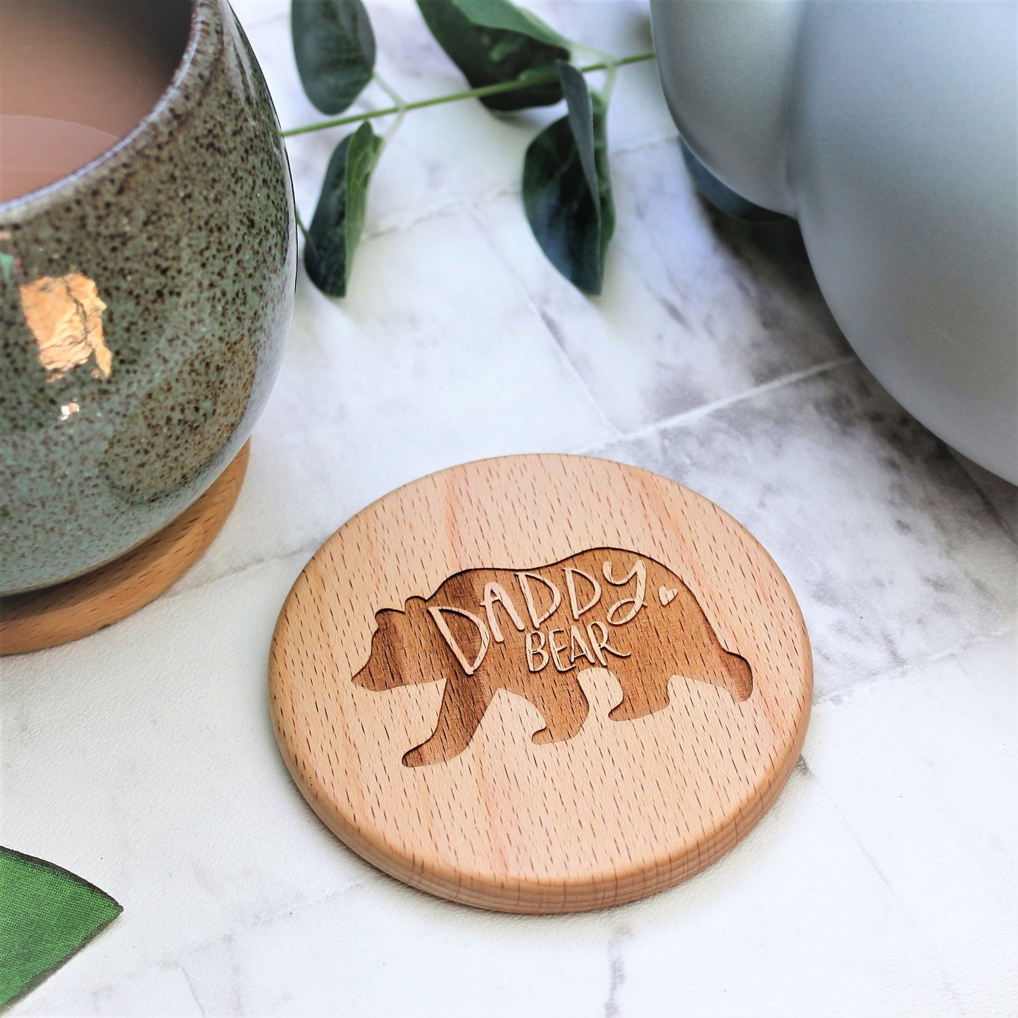 round wooden engraved coaster with daddy bear design  