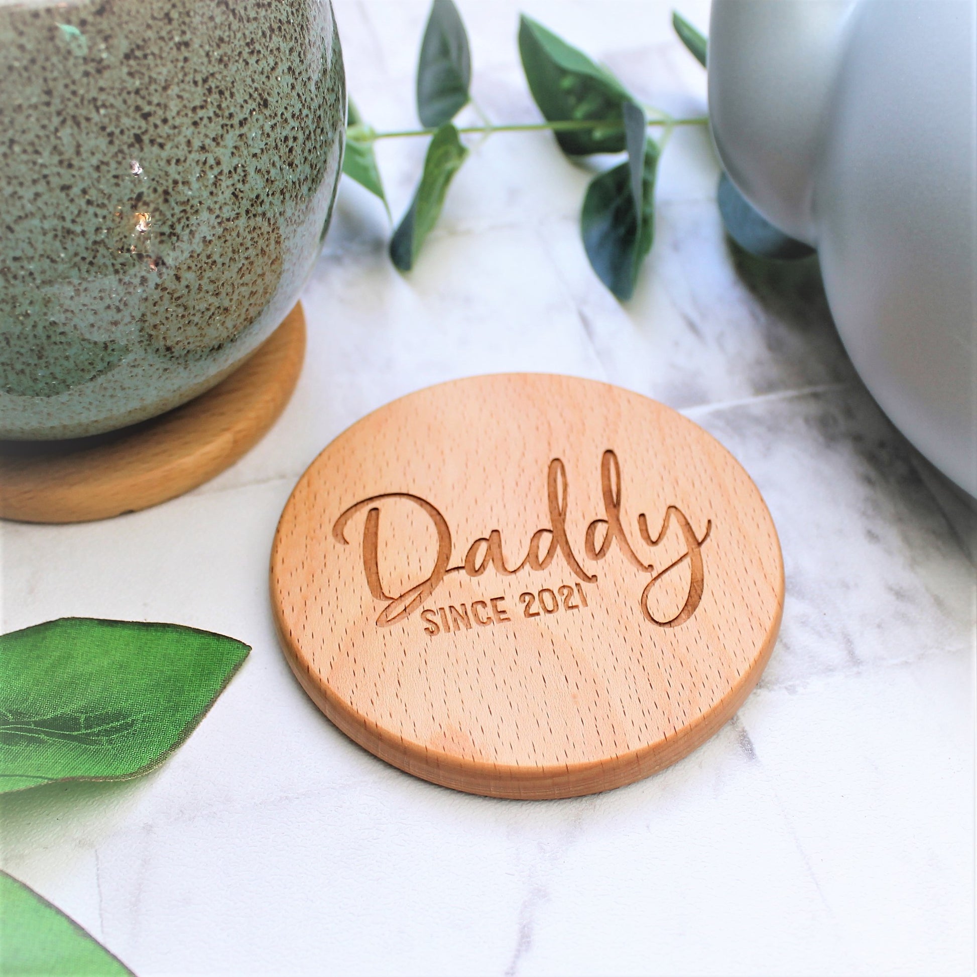 daddy since custom year engraved wooden coaster