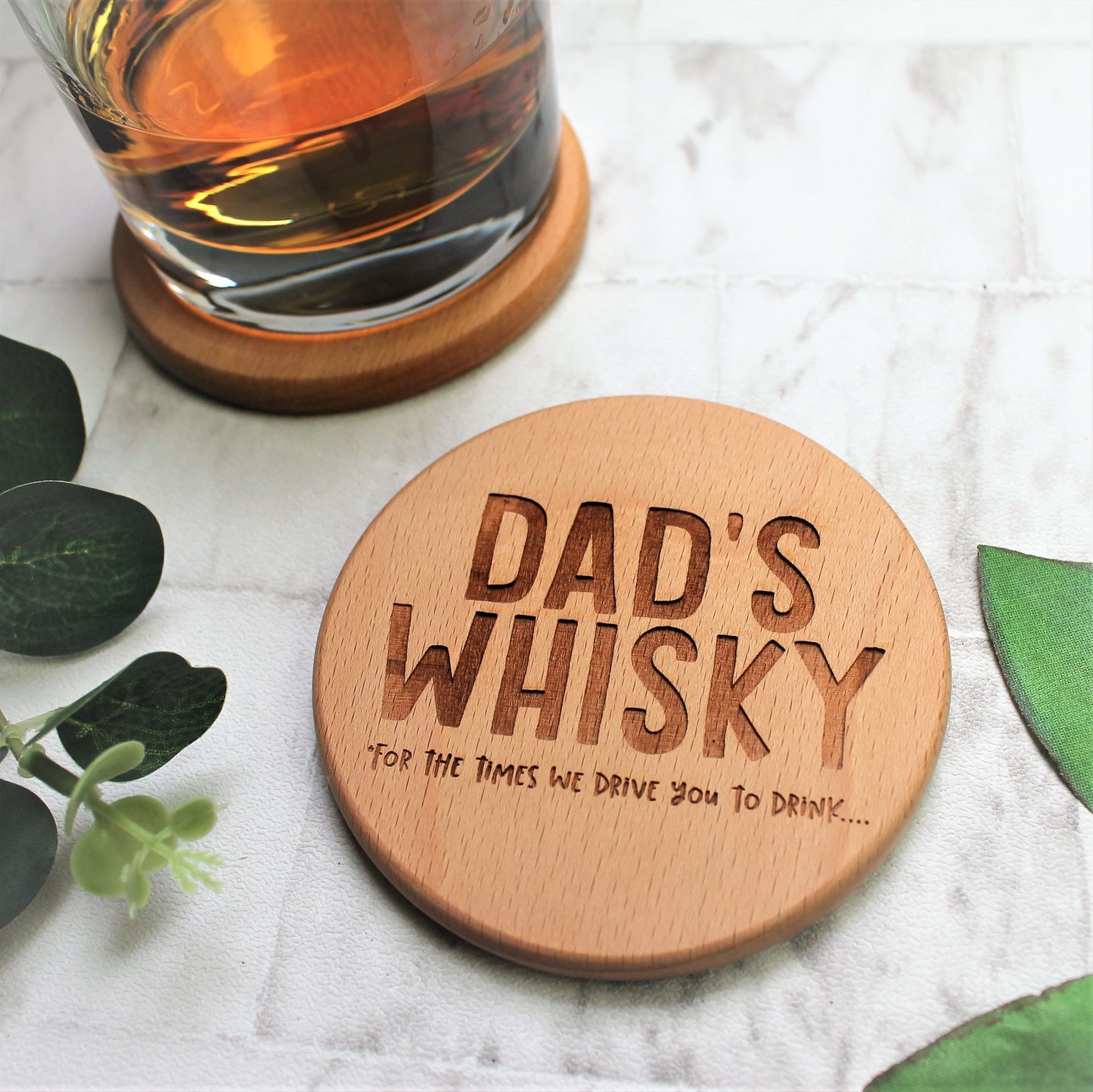 Dad's whisky, engraved round wooden coaster for Dad