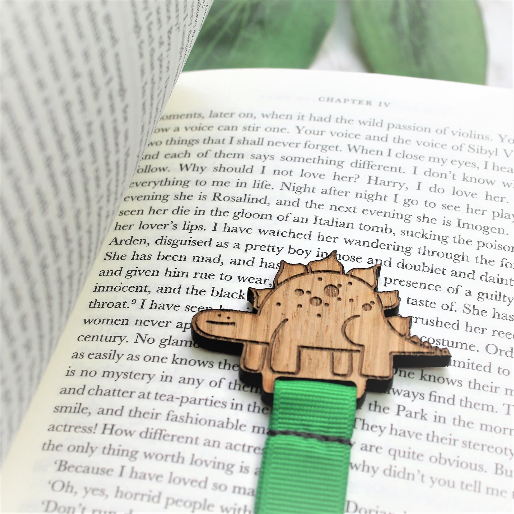 wooden dinosaur bookmark for boys with green ribbon 