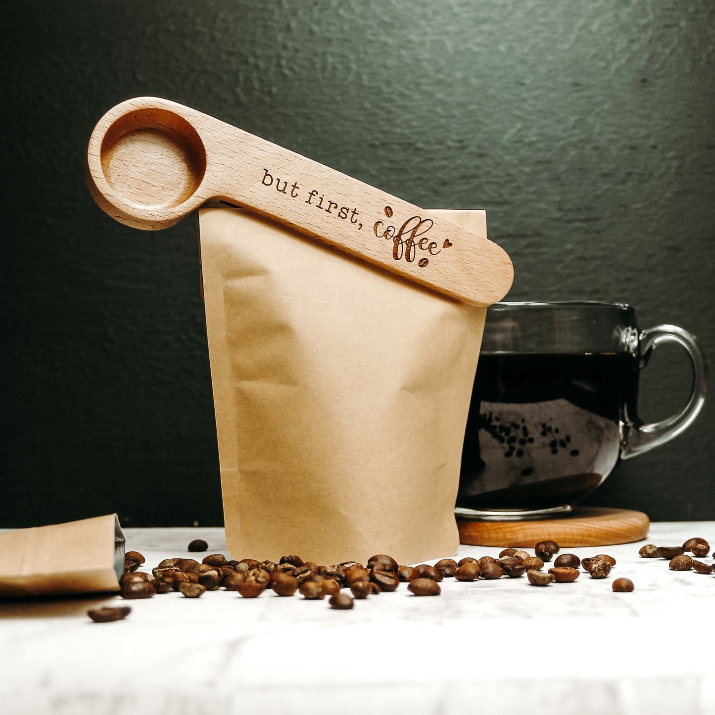 eco friendly wooden coffee clip and spoon engraved with coffee quote