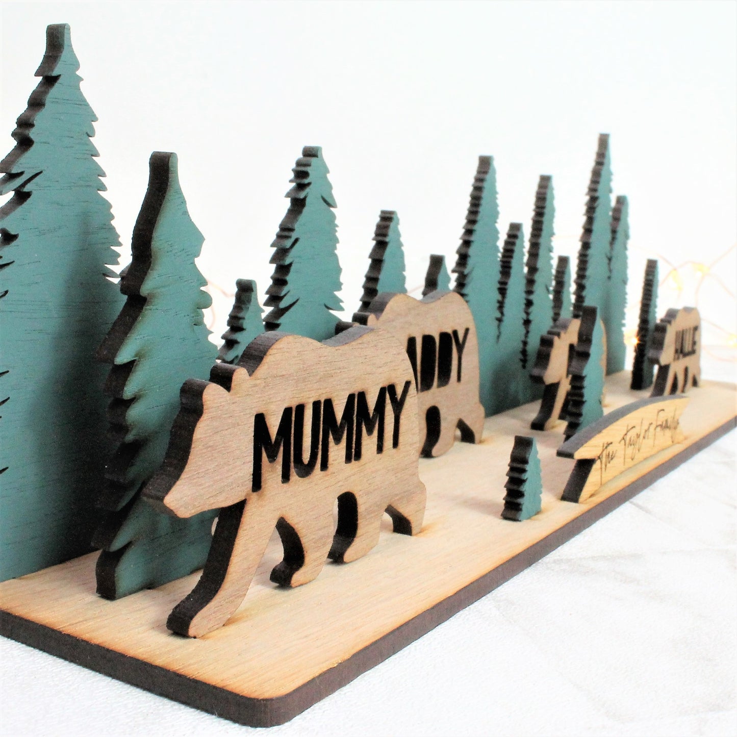 side view of wooden 3d family bear sign 