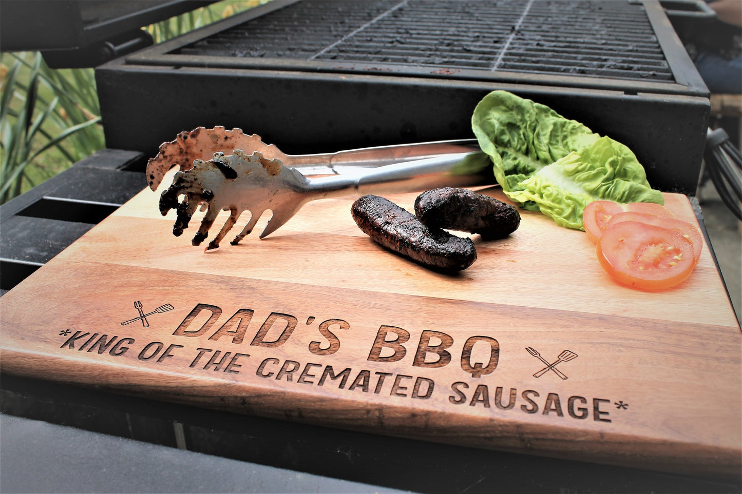 Dad's bbq wooden chopping board engraved with personalised words 