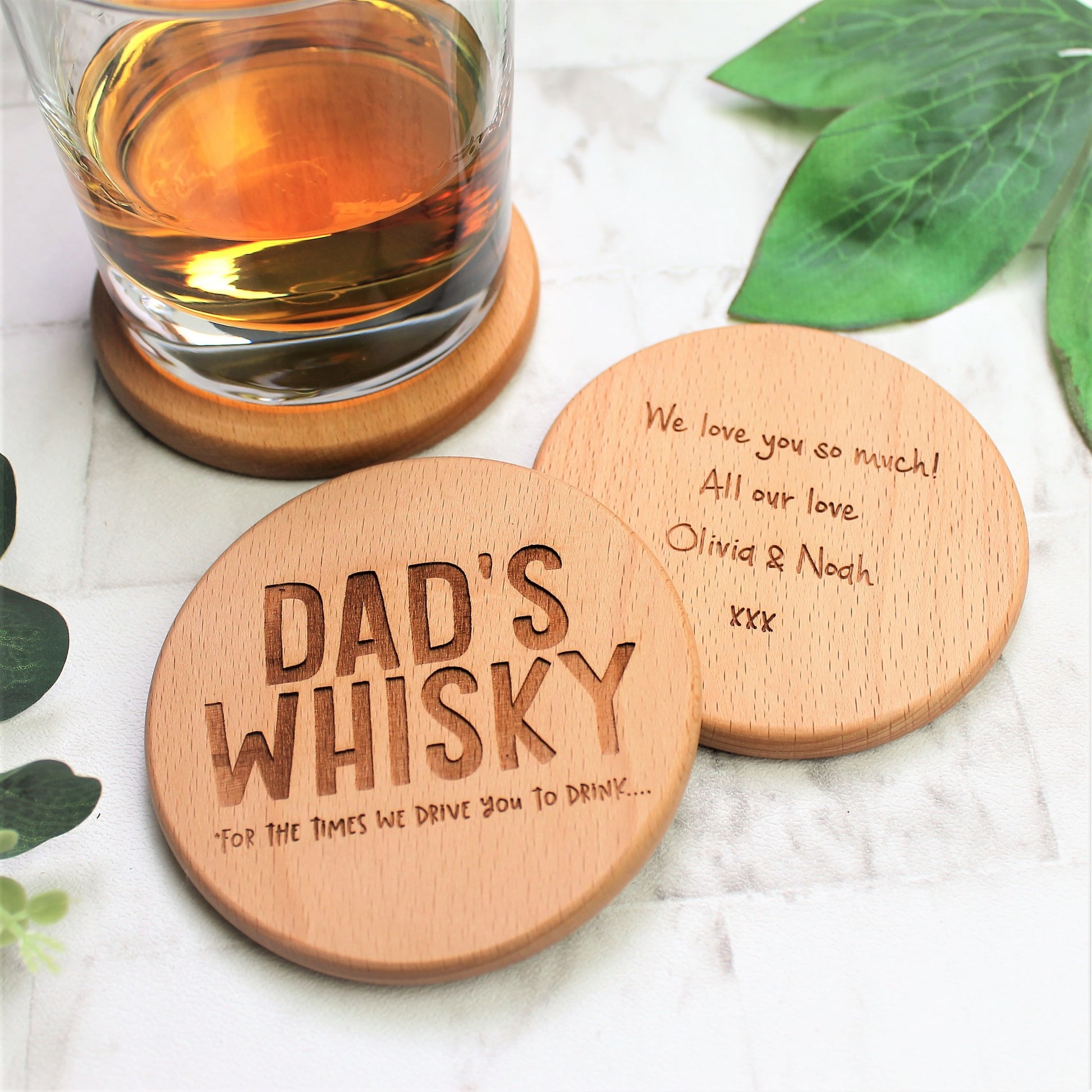 dad's whisky funny wooden coaster for fathers day, made from round wood