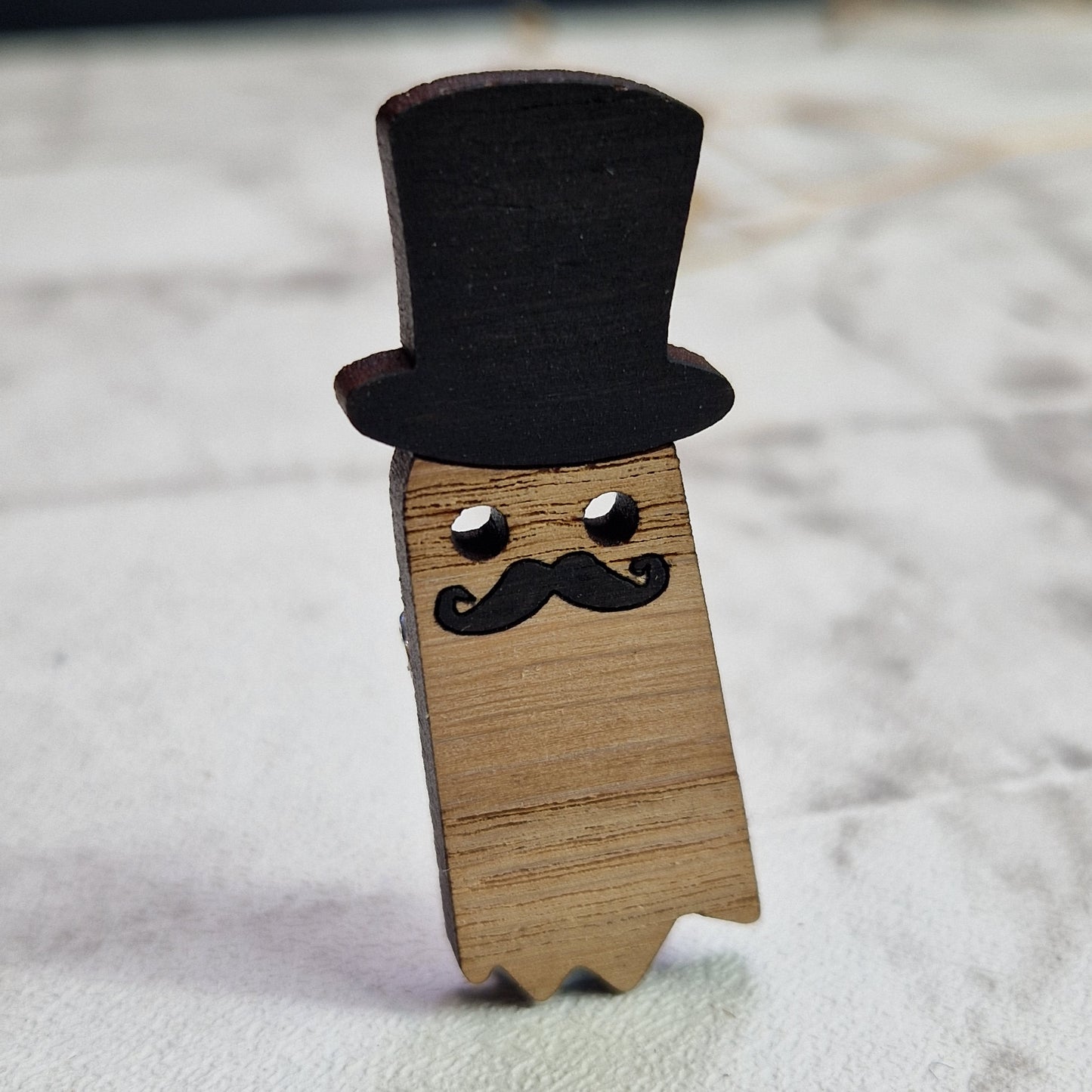 Moustache Ghost Wooden Pin Brooch