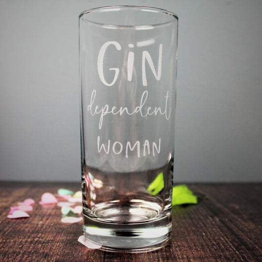 Gin glass engraved with the text gin dependent woman. Ideal 50th birthday gift for her