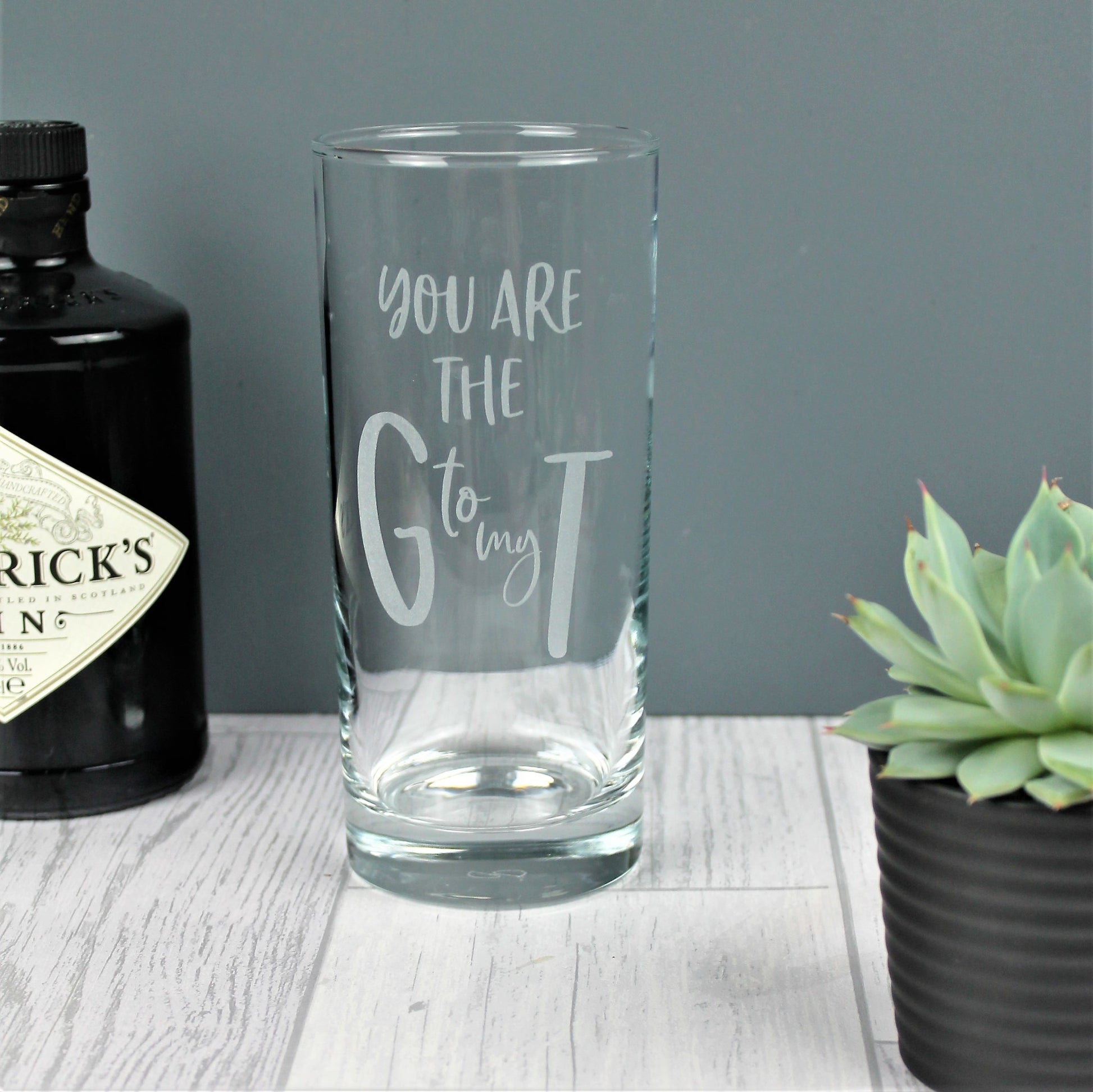 G and T lover engraved tall glass with the words you are the g to my t 
