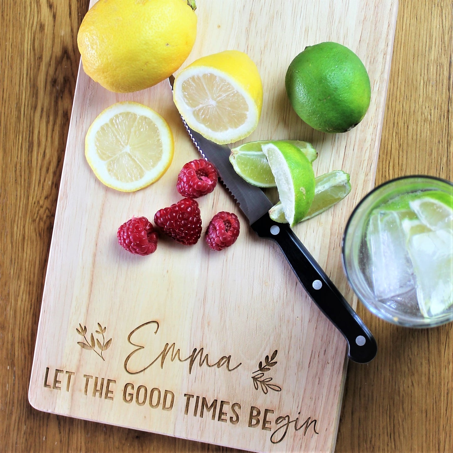 let the good times begin - wooden gin serving board 