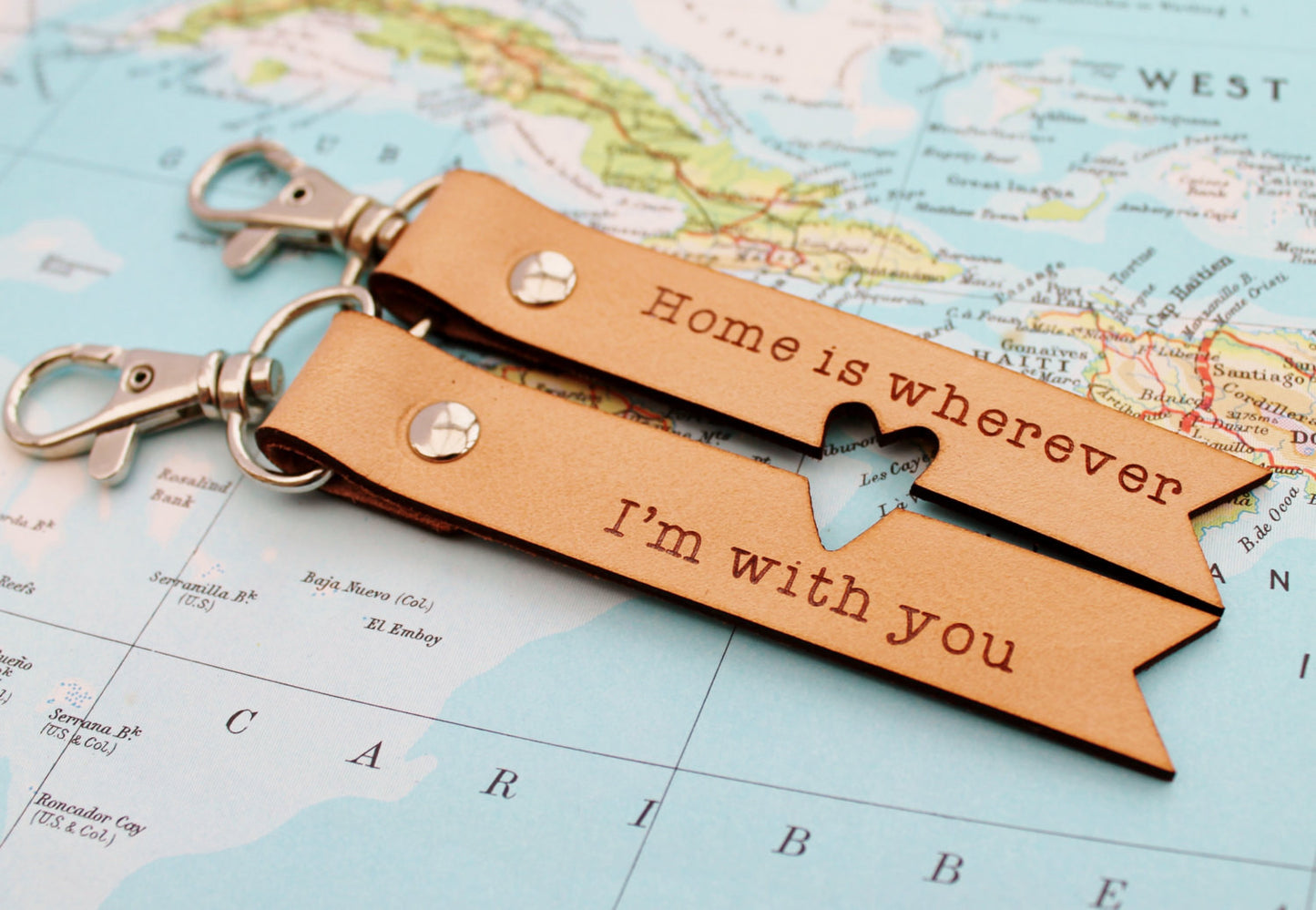 2 x Home is Wherever I'm With You Leather Keychains