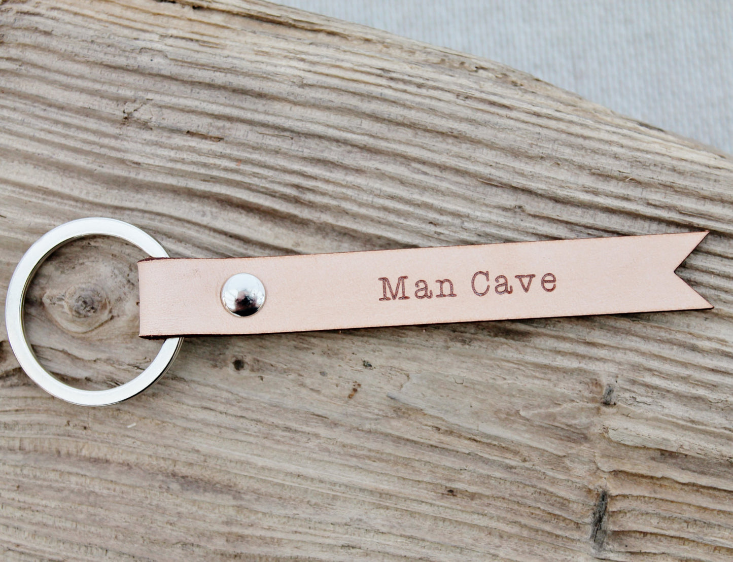 Man Cave Keychain Keyring Natural Leather