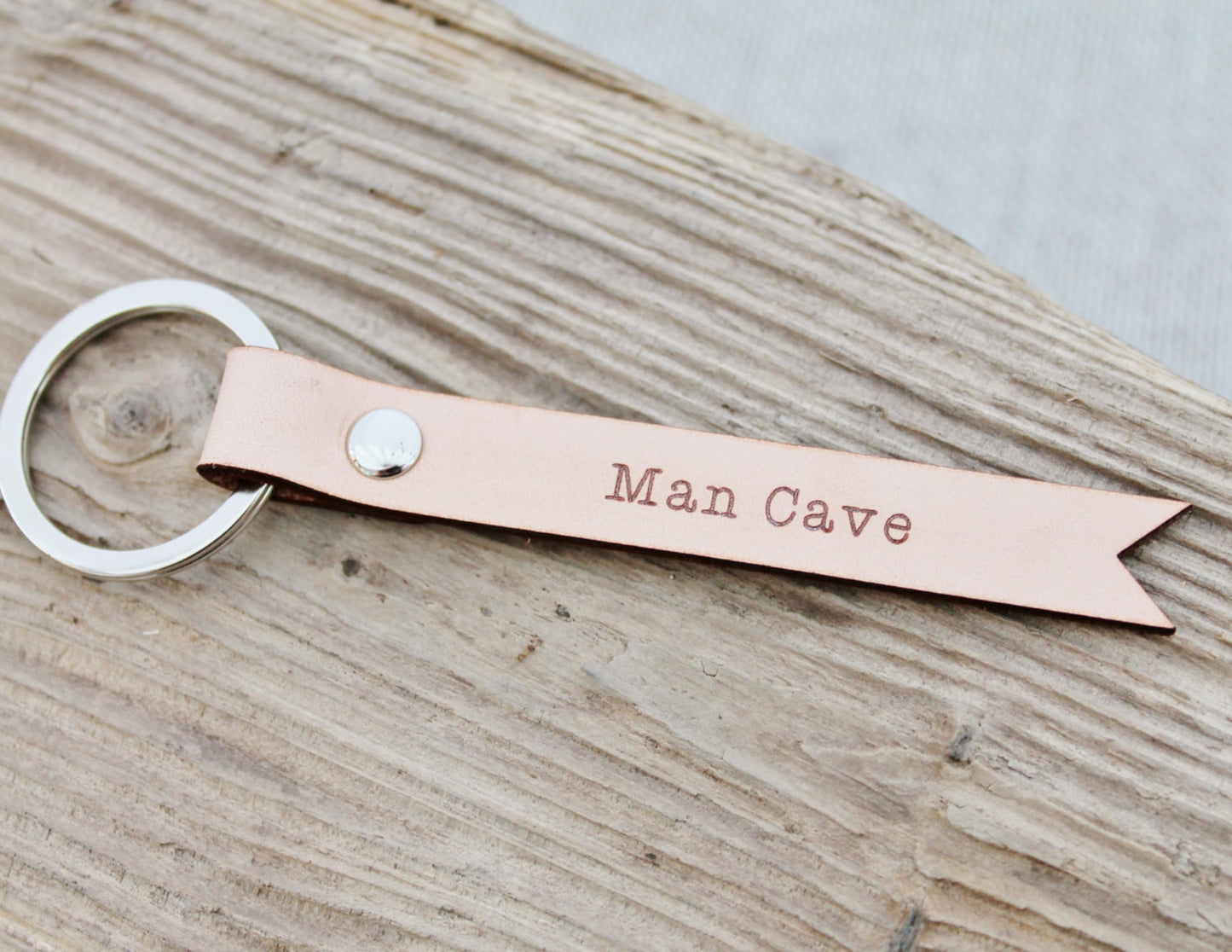 Man Cave Keychain Keyring Natural Leather