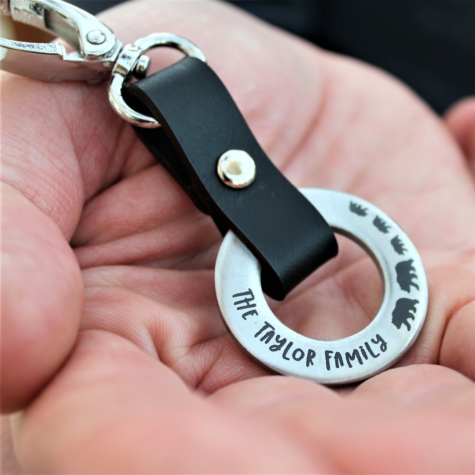 personalised family keyring made from steel keyring, with black writing and bear family design 