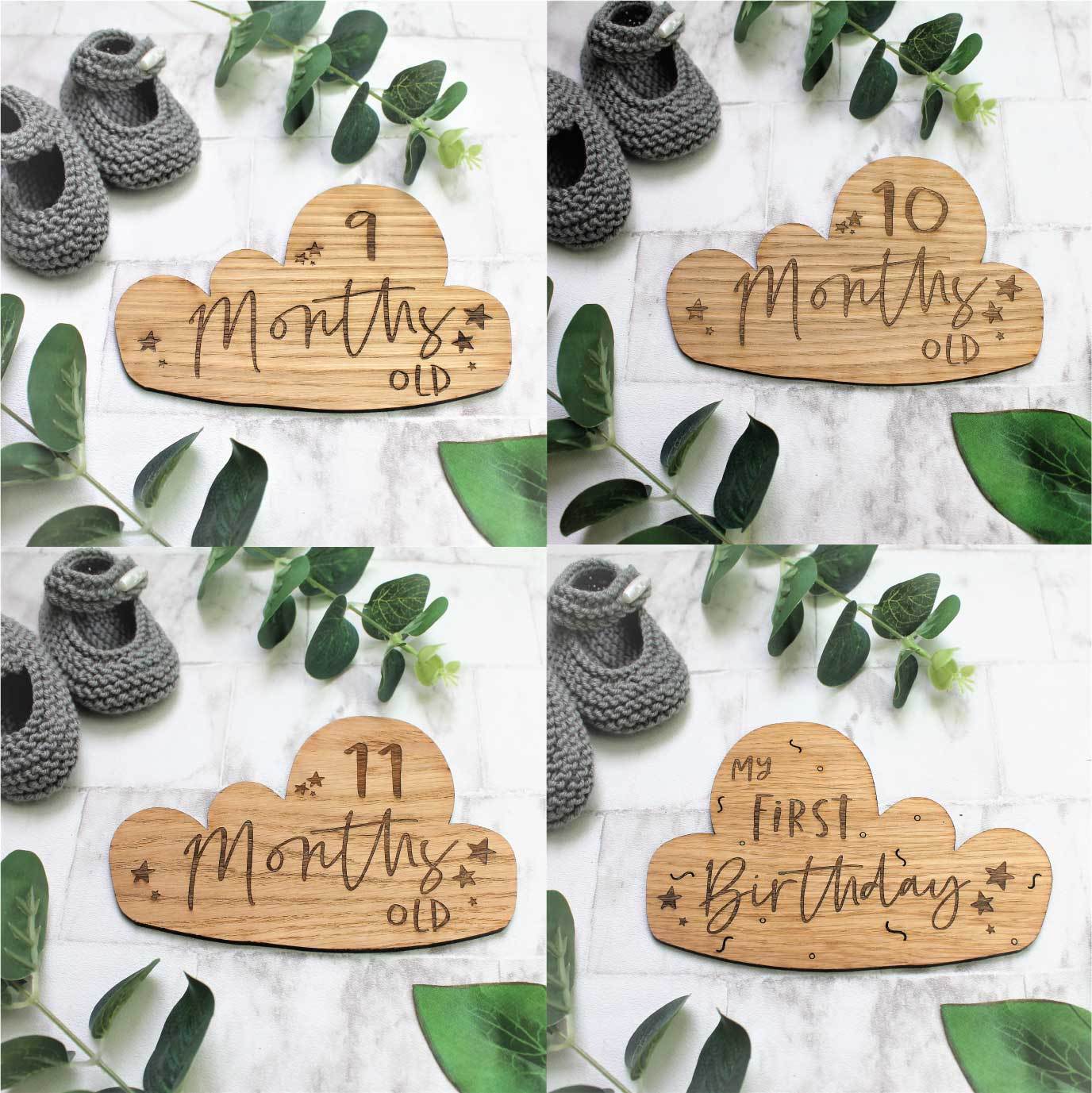 9, 10, 11 months old, and my first birthday cloud shaped engraved baby milestone cards 