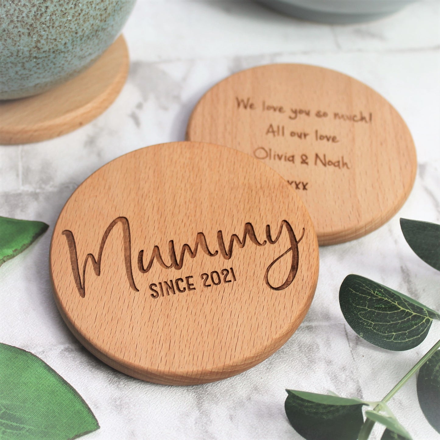 Wooden engraved mummy coaster personalised with special message 