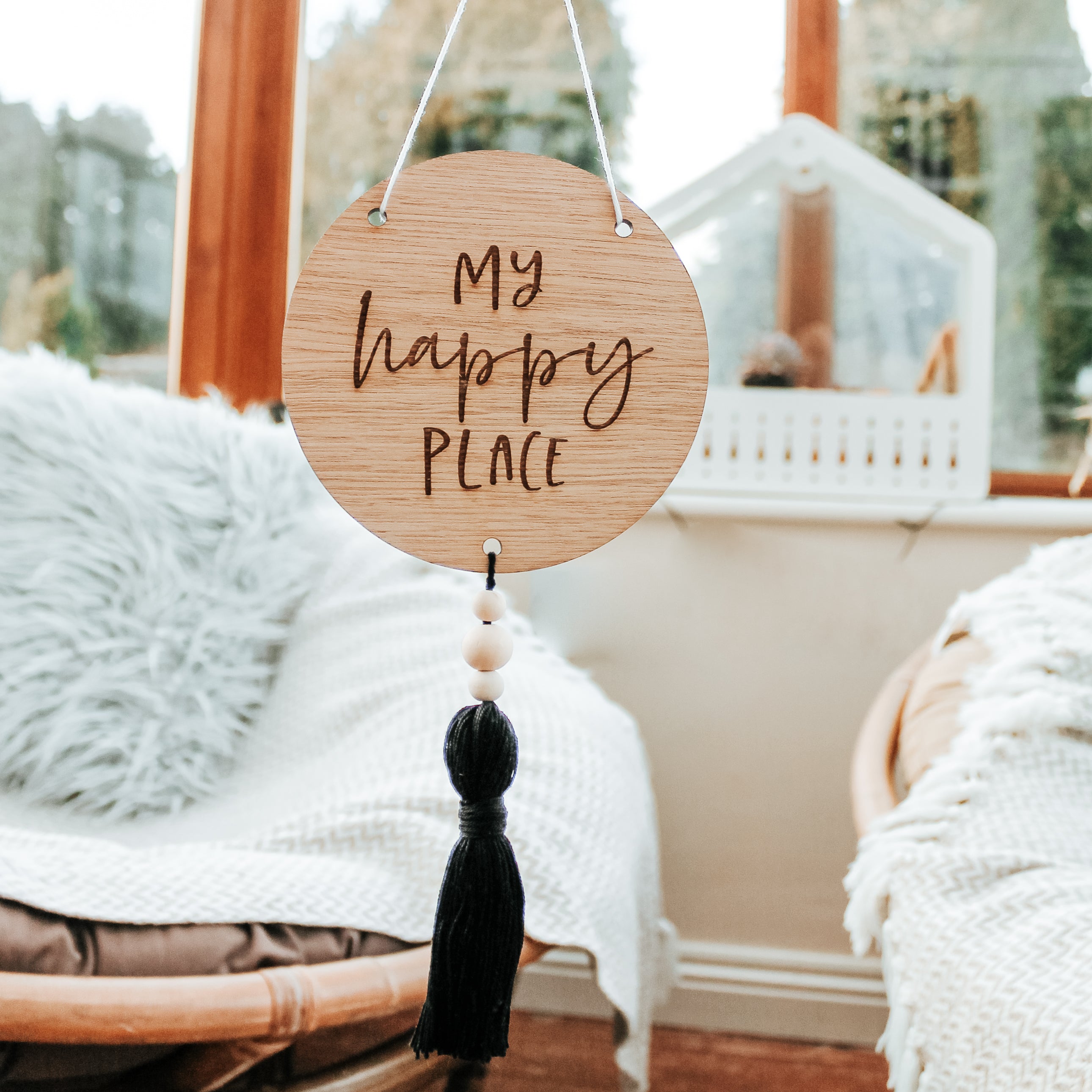 My Happy Place - Craft Room Round Wooden Sign With Tassel
