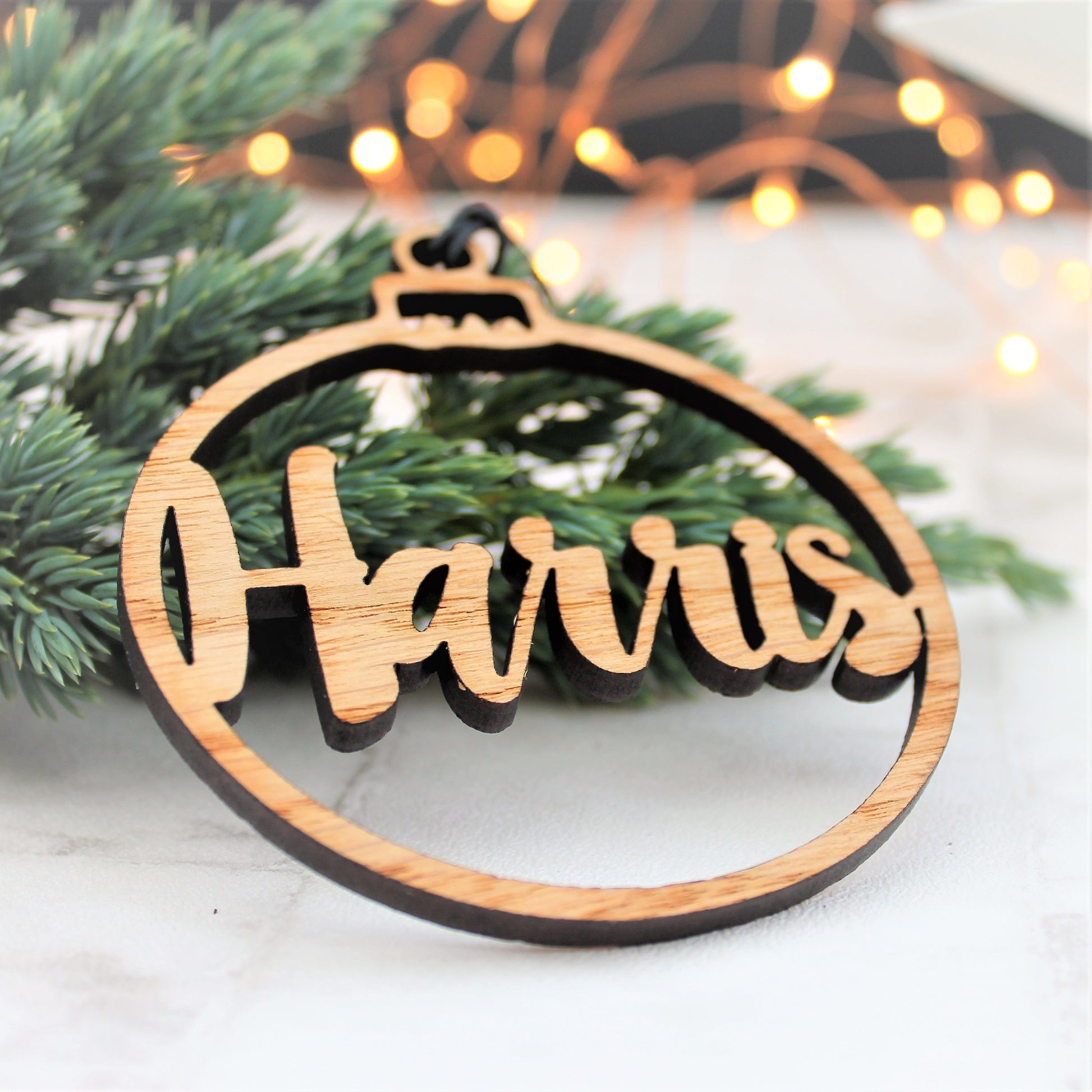 Wooden rustic personalised name bauble for christmas tree decoration 