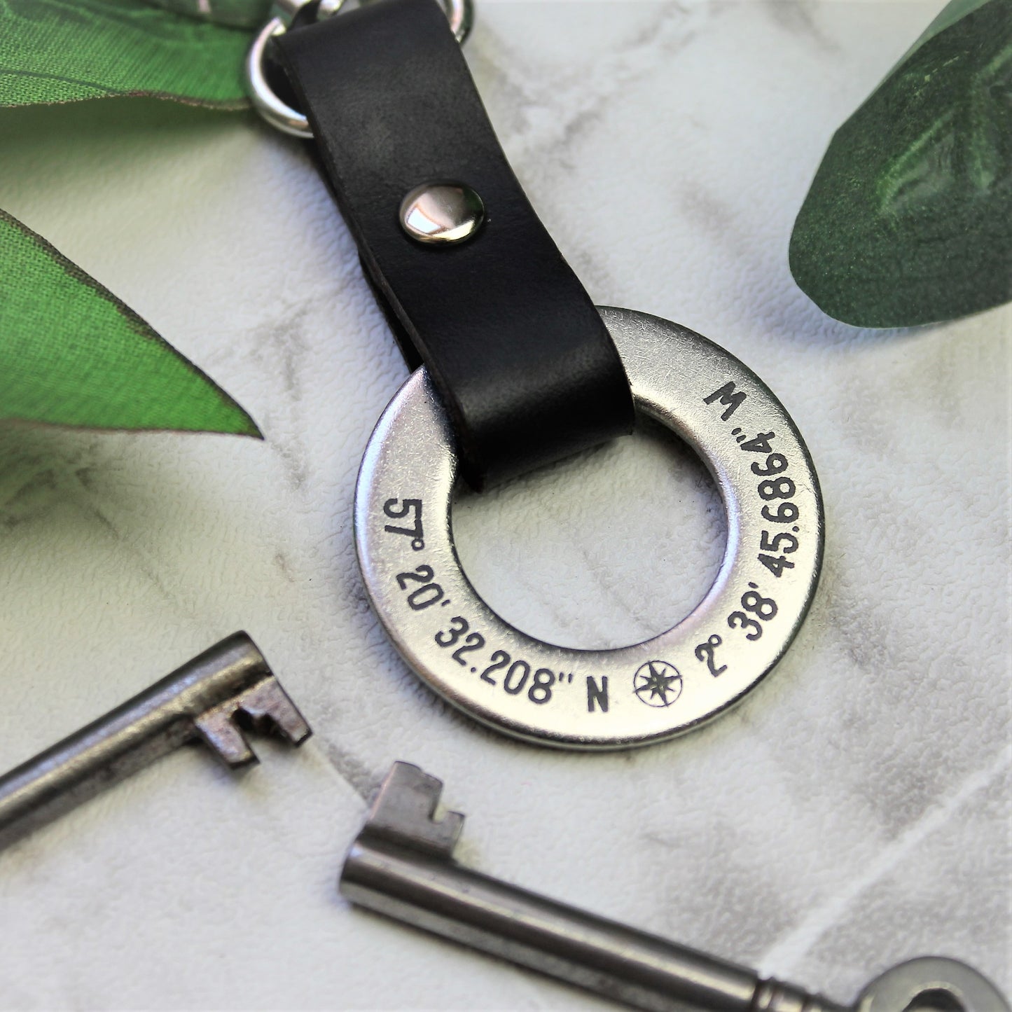 steel GPS keyring personalised with your own coordinates for steel anniversary 