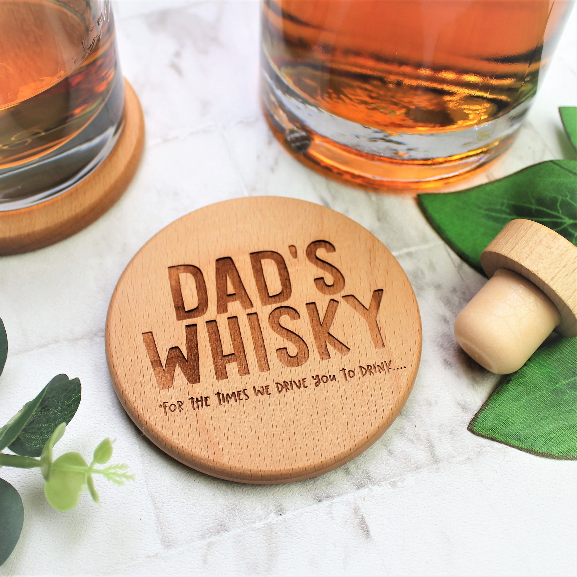 Dad's Whisky round wooden coaster engraved for him