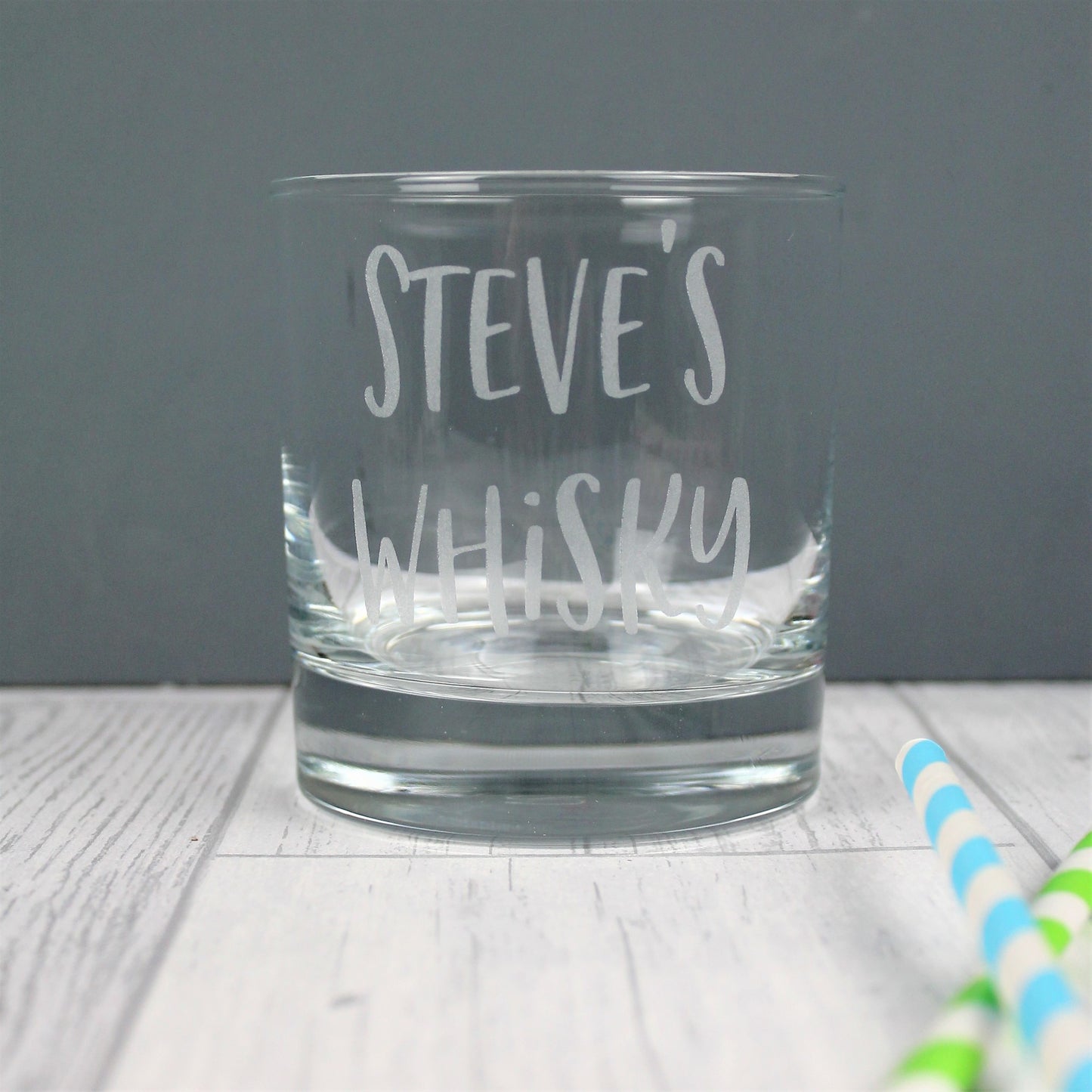 Engraved glass with personalised name etched onto it 