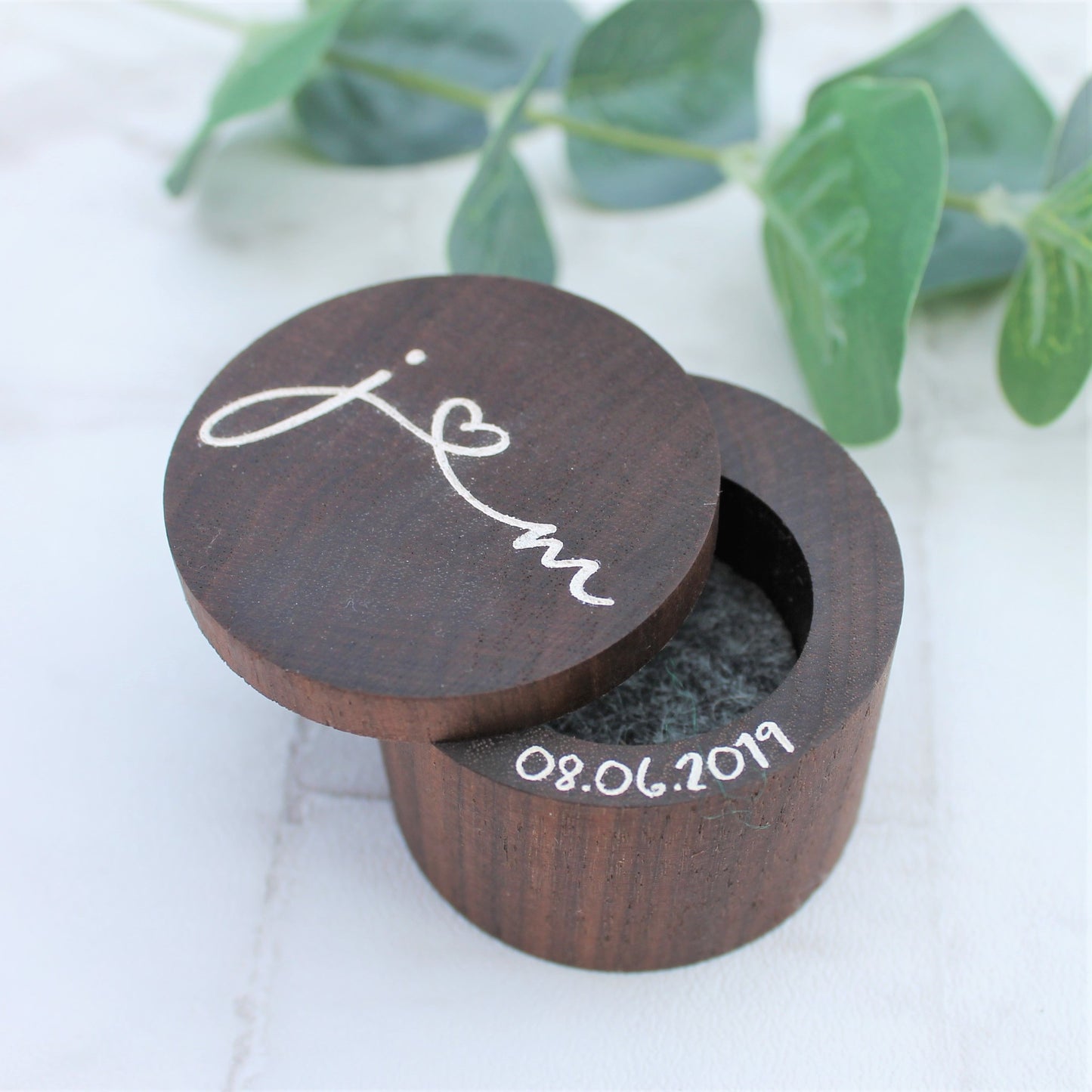 walnut ring box with personalised white text for wedding ring bearer