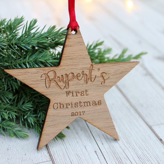 First Christmas for new baby decoration, a personalised wooden star bauble Christmas tree decoration ornament 