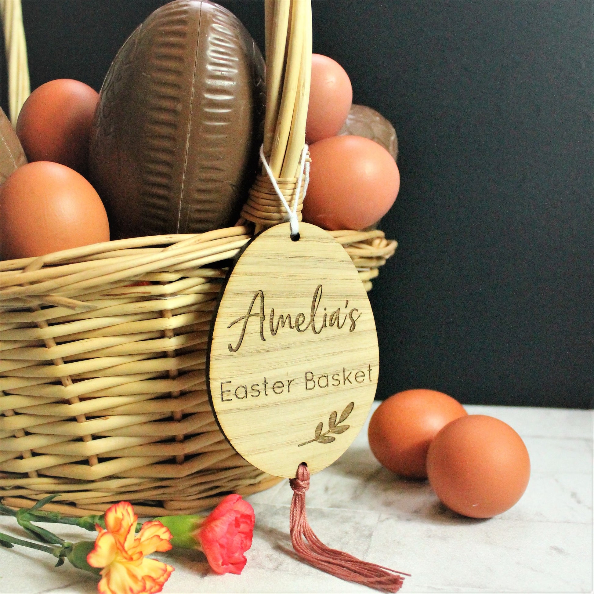 wooden easter egg basket personalised tag 