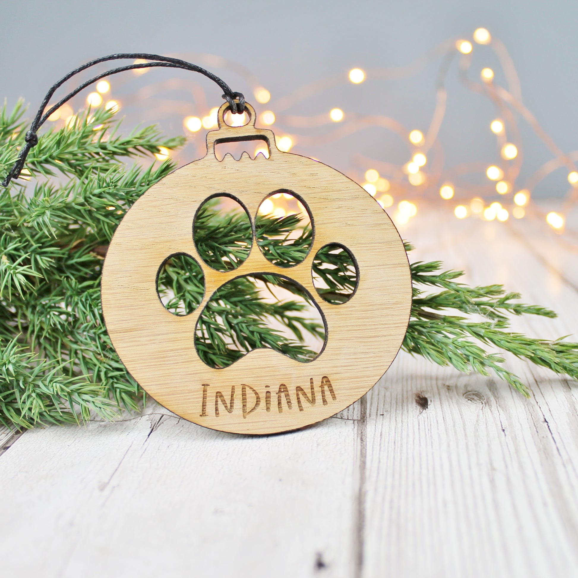 Wooden paw pet memorial Christmas tree decoration, with personalised engraved pet name 