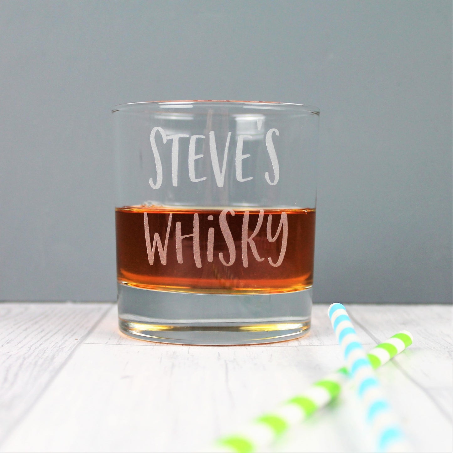 Personalised name whisky tumbler glass, engraved with a custom name of your choice 