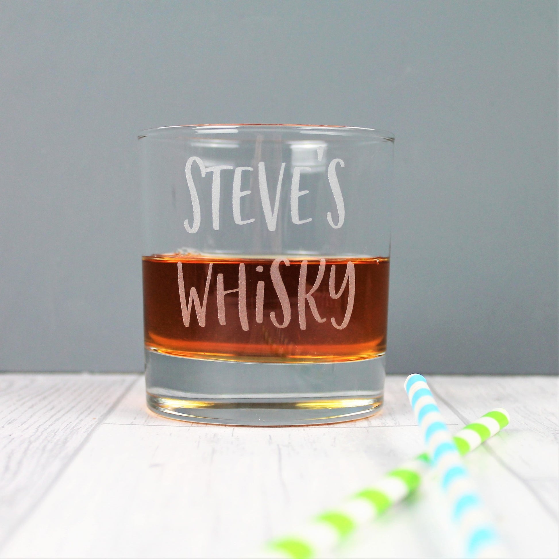 Personalised name whisky tumbler glass, engraved with a custom name of your choice 