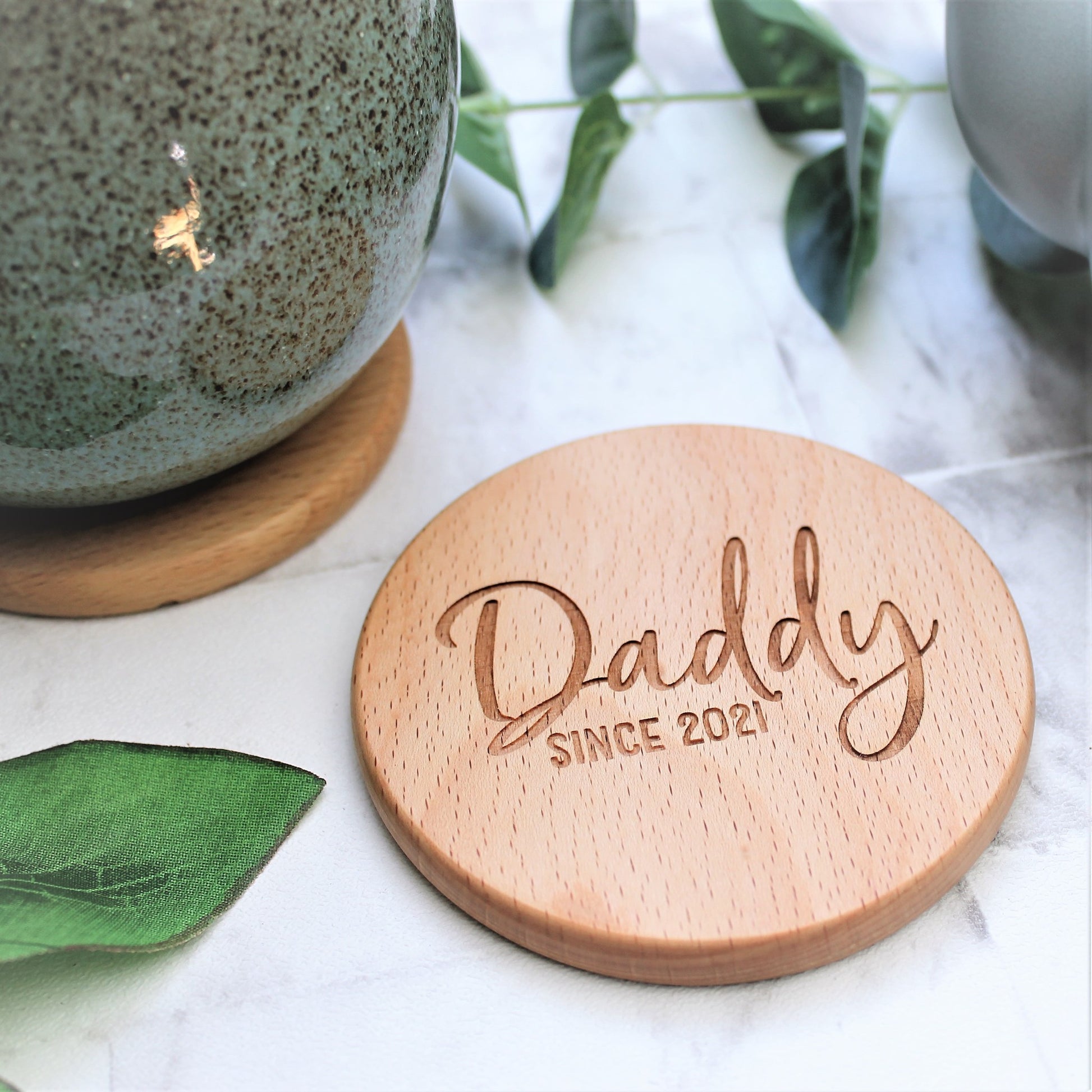 daddy since custom year engraved wooden coaster