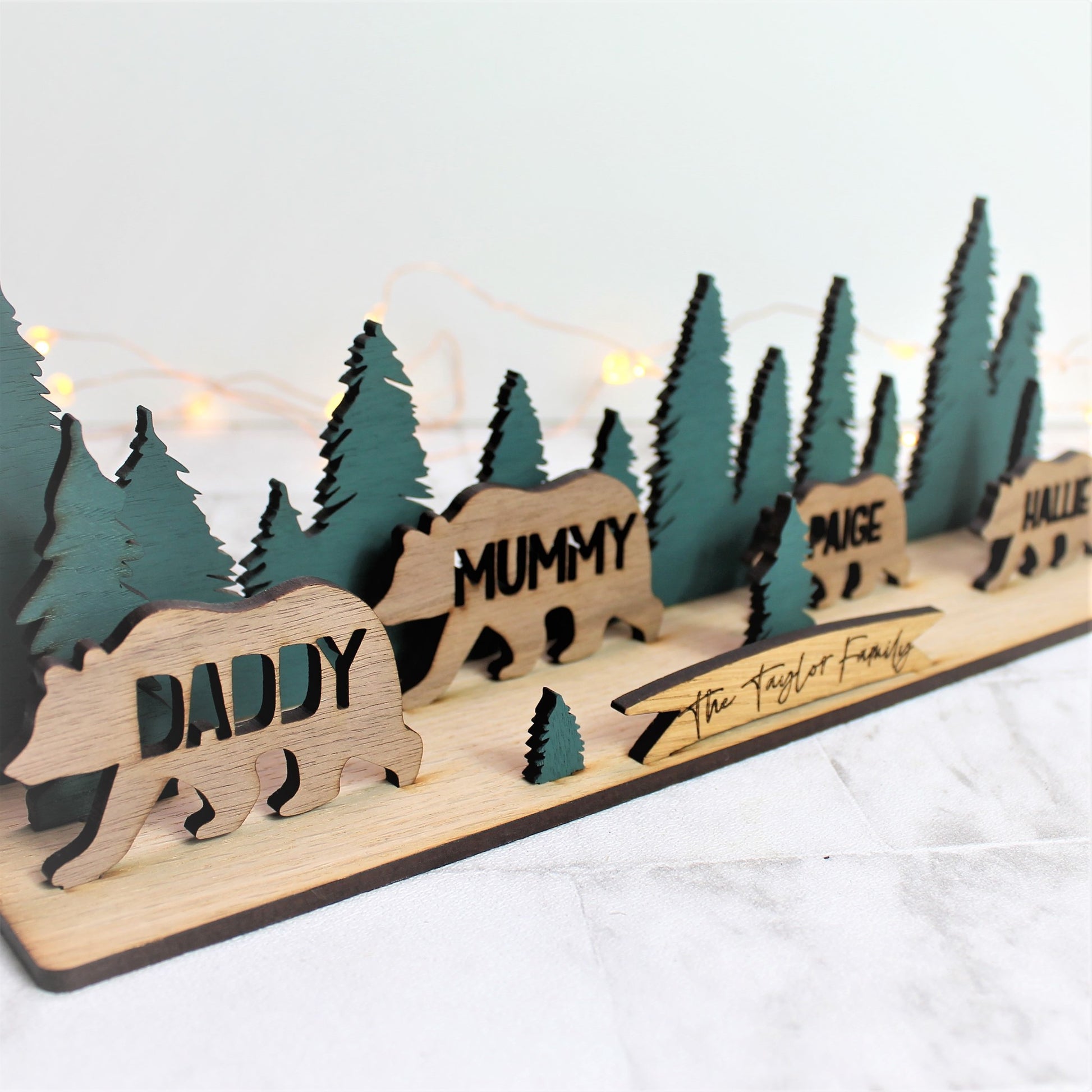 Wooden 3d winter scene with bears trees and personalised wooden sign. 