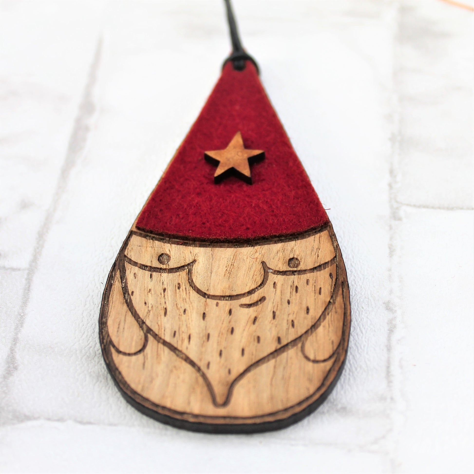 Red hat gnome christmas ornament made from ood and felt