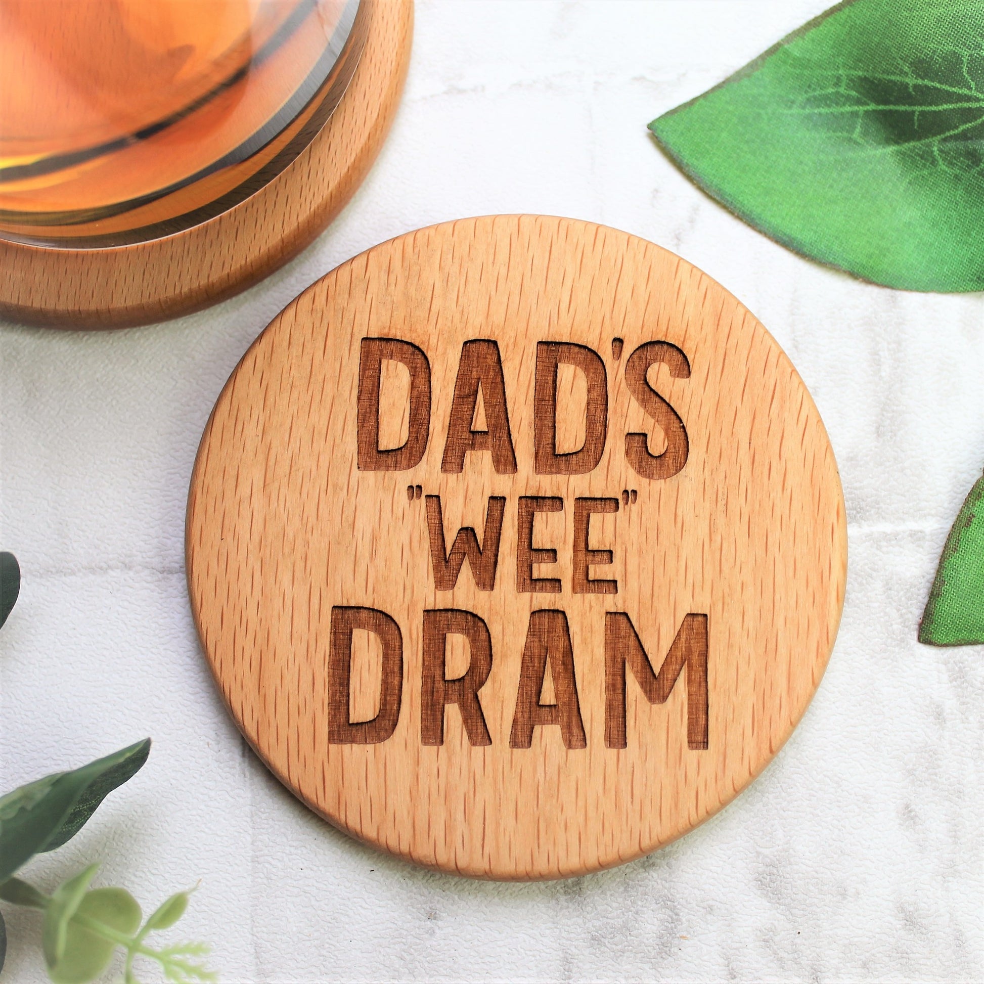 round wooden engraved coaster for dad birthday wee dram whisky gift